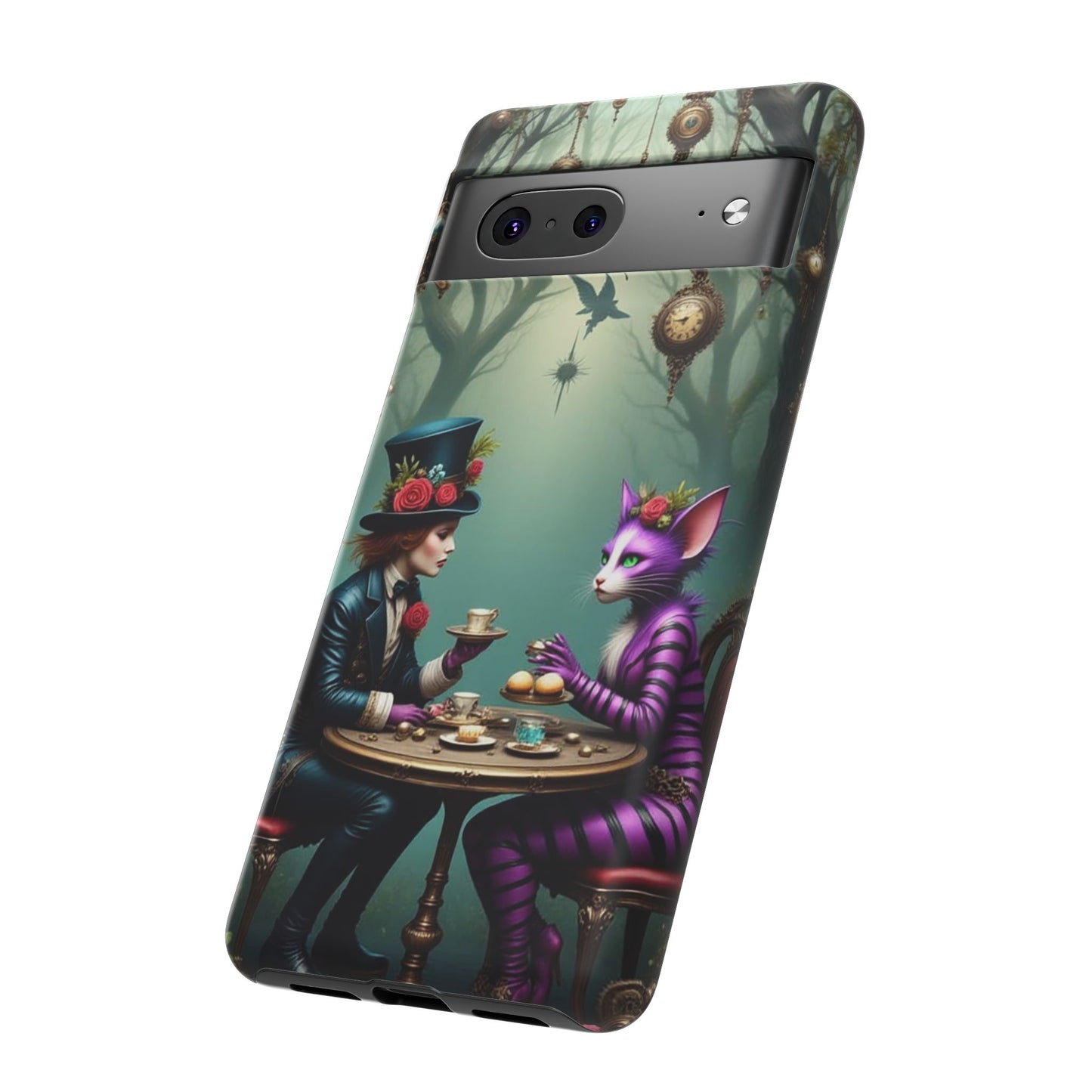 Whimsical Phone Case with Cat and Mad Hatter Design, Perfect for Gifting, Fantasy Lovers, Tea Party Theme, Tough Cases
