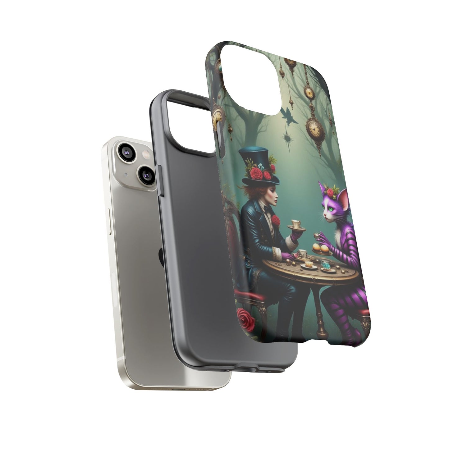 Whimsical Phone Case with Cat and Mad Hatter Design, Perfect for Gifting, Fantasy Lovers, Tea Party Theme, Tough Cases
