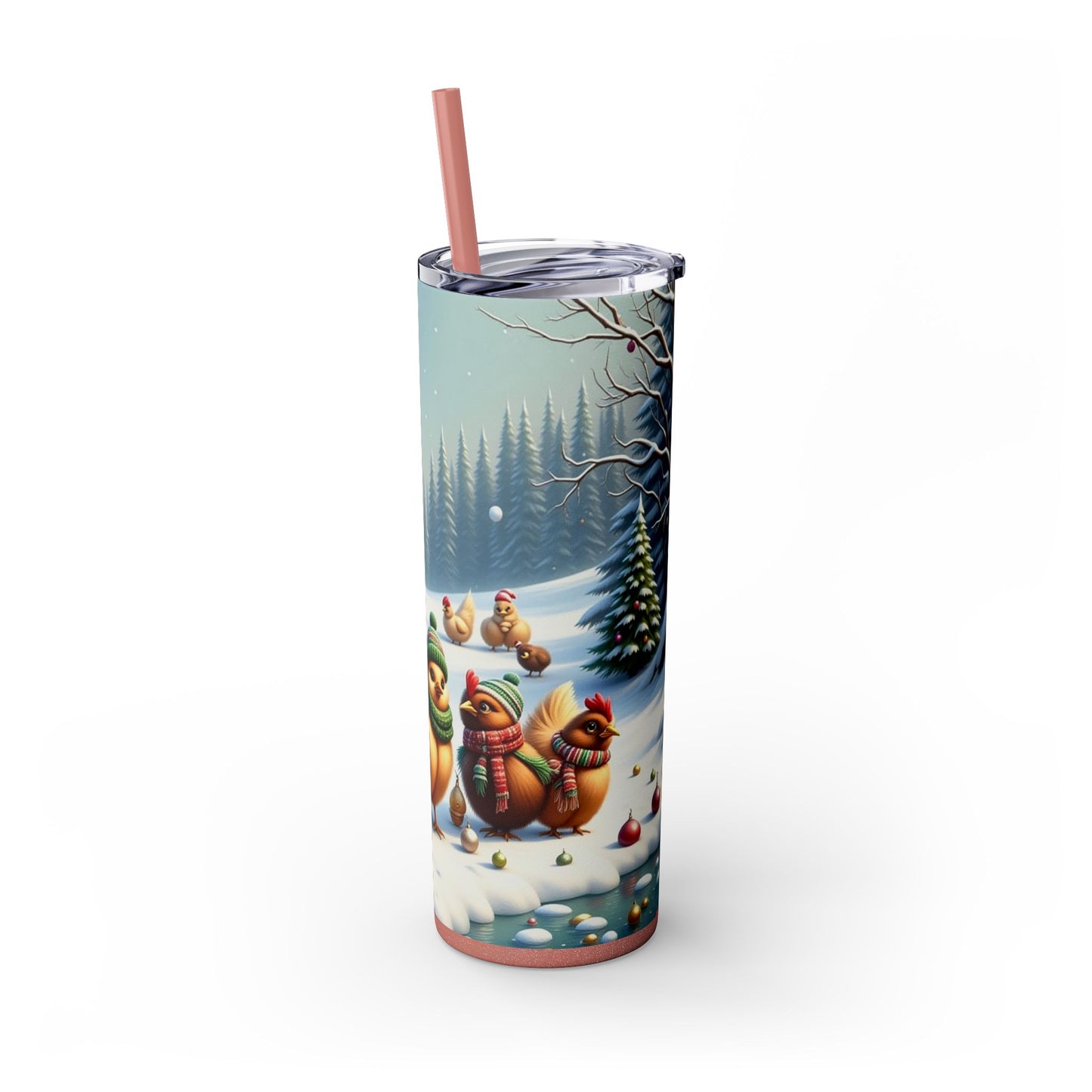 Winter Wonderland Skinny Tumbler with Straw, 20oz - Snowy Birds Design, Unique Holiday Gift, Christmas Chickens rinkware, Festive Travel Mug