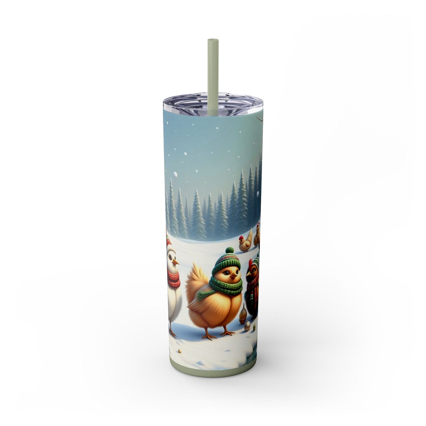 Winter Wonderland Skinny Tumbler with Straw, 20oz - Snowy Birds Design, Unique Holiday Gift, Christmas Chickens rinkware, Festive Travel Mug