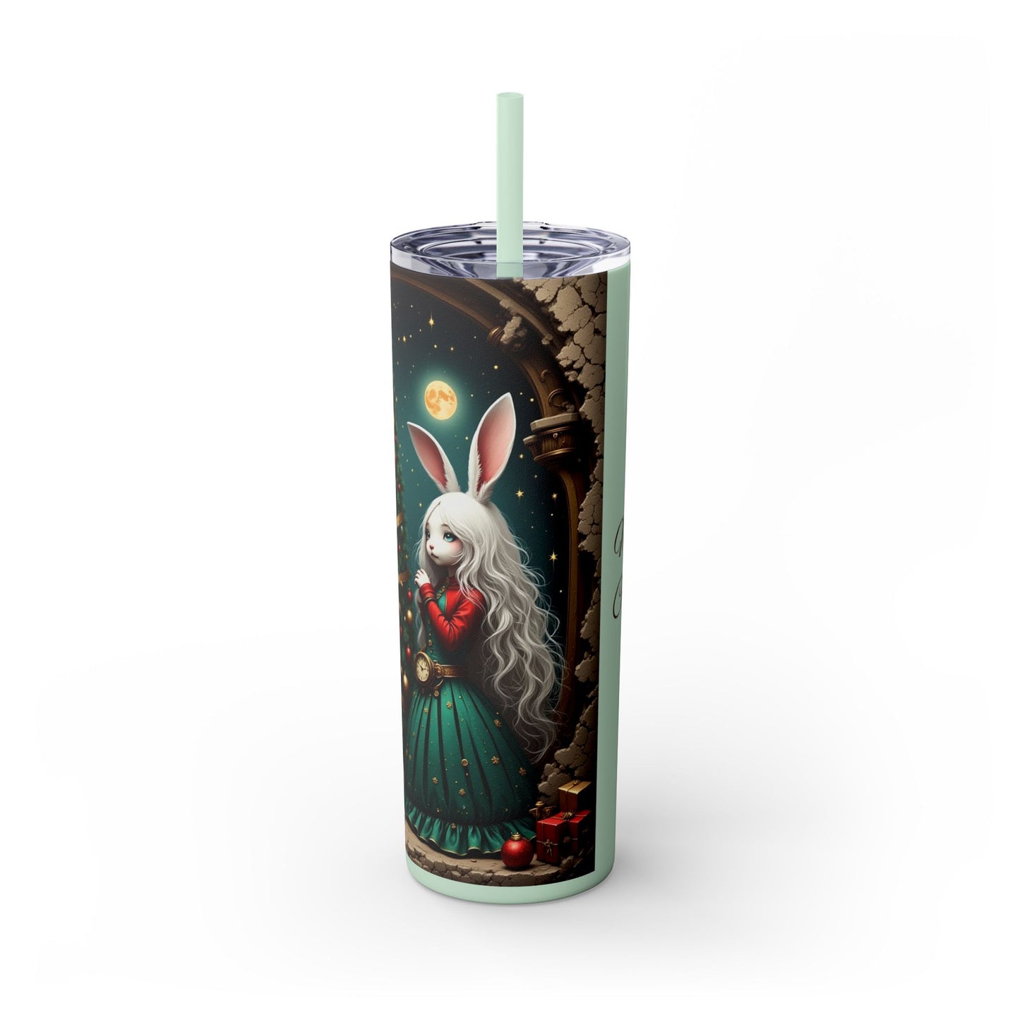 Christmas Rabbit Tumbler, 20oz Skinny Tumbler with Straw, Holiday Drinkware, Cute Bunny Decor, Winter Gift for Dog Lovers, Festive Cup