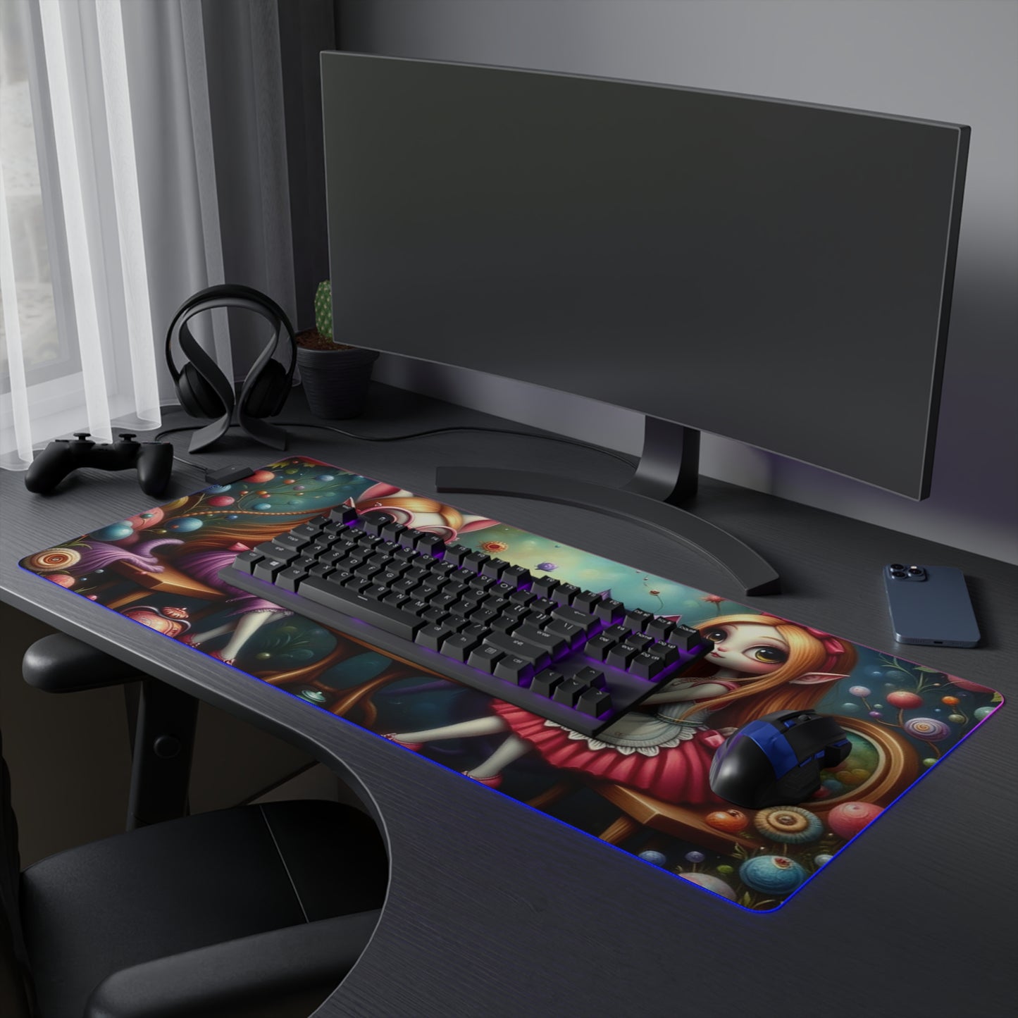 LED Whimsical Gaming Mouse Pad Featuring Playful Fairies and Cat, Alice in Wonderland theme
