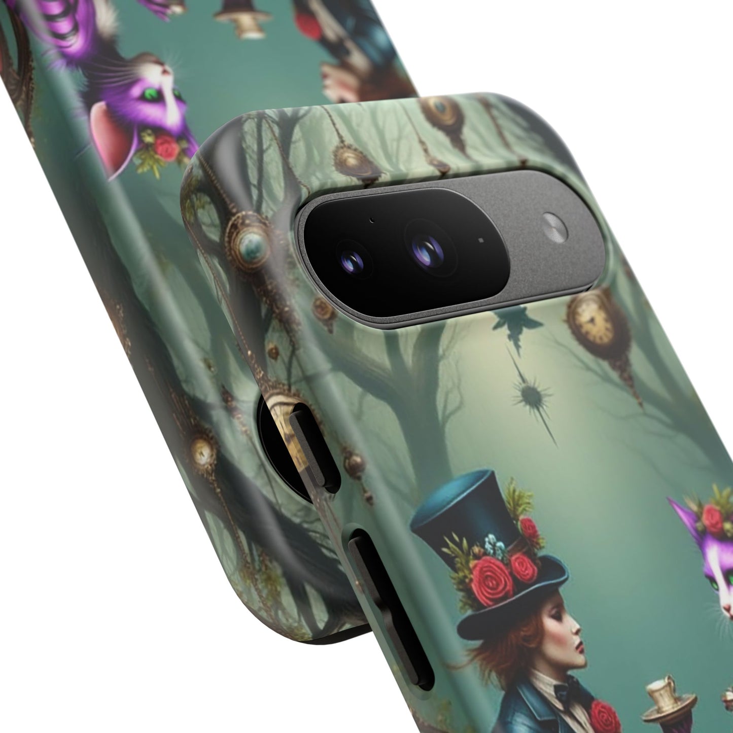 Whimsical Phone Case with Cat and Mad Hatter Design, Perfect for Gifting, Fantasy Lovers, Tea Party Theme, Tough Cases