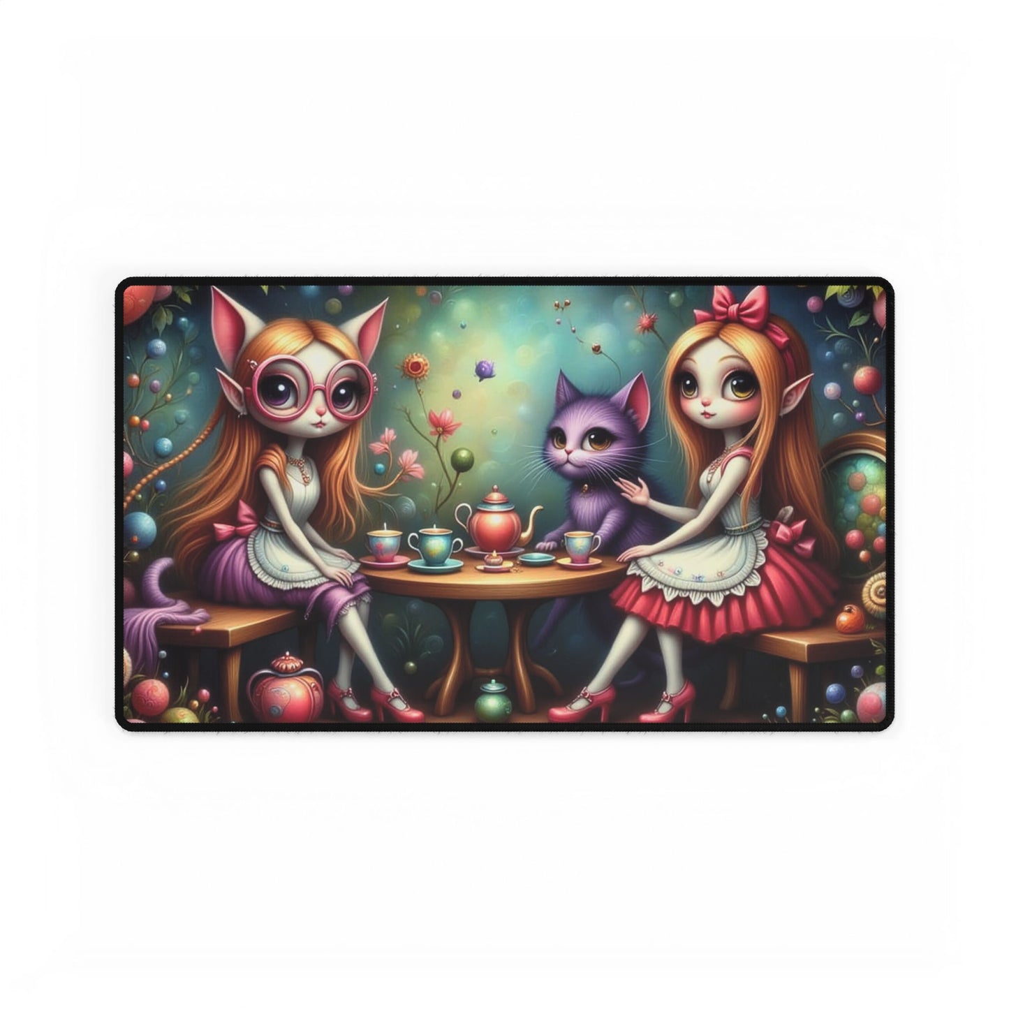 Whimsical Cat & Tea Party Desk Mat, Cute Mouse Pad, Home Office Decor, Gaming Desk Accessories, Gift for Cat Lovers