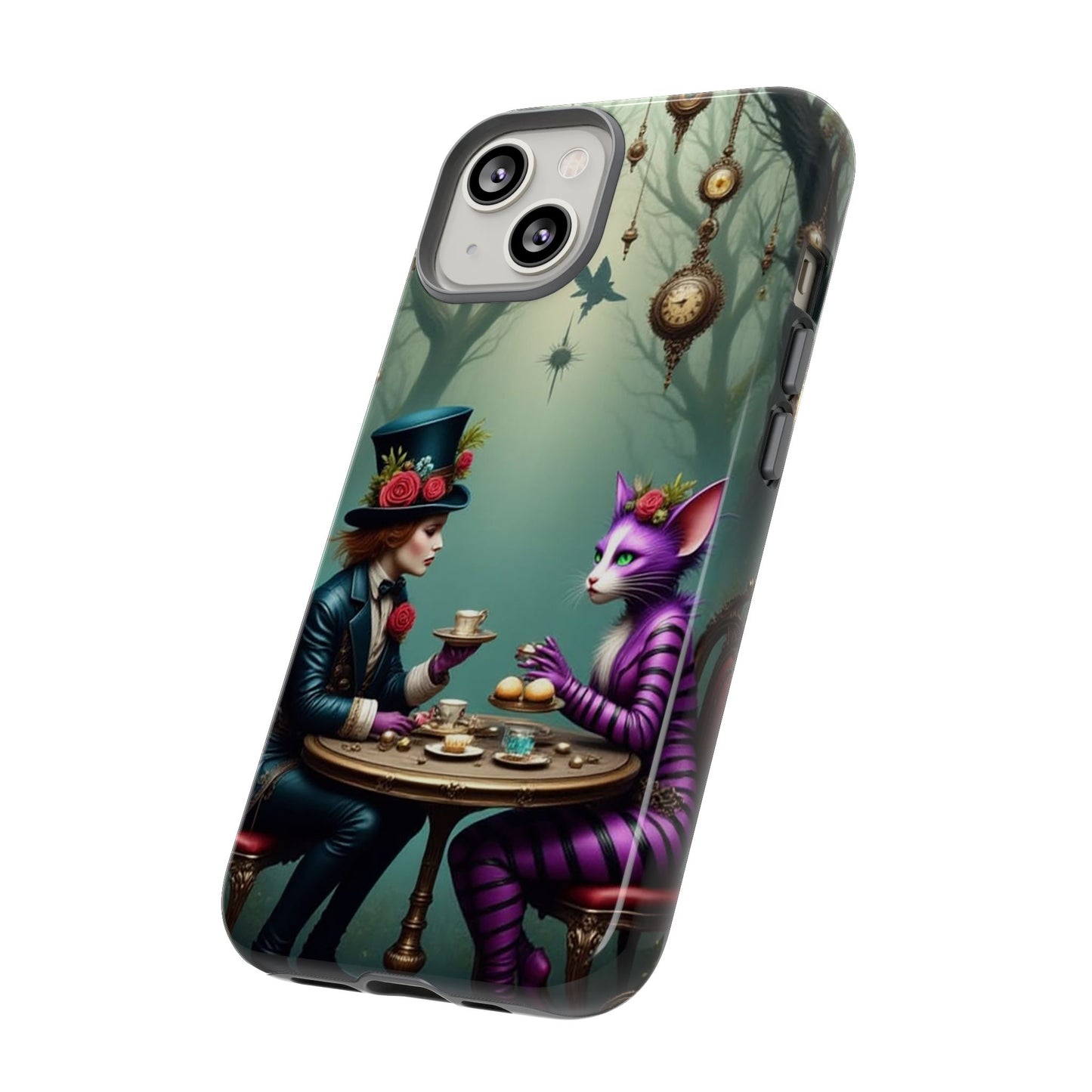 Whimsical Phone Case with Cat and Mad Hatter Design, Perfect for Gifting, Fantasy Lovers, Tea Party Theme, Tough Cases