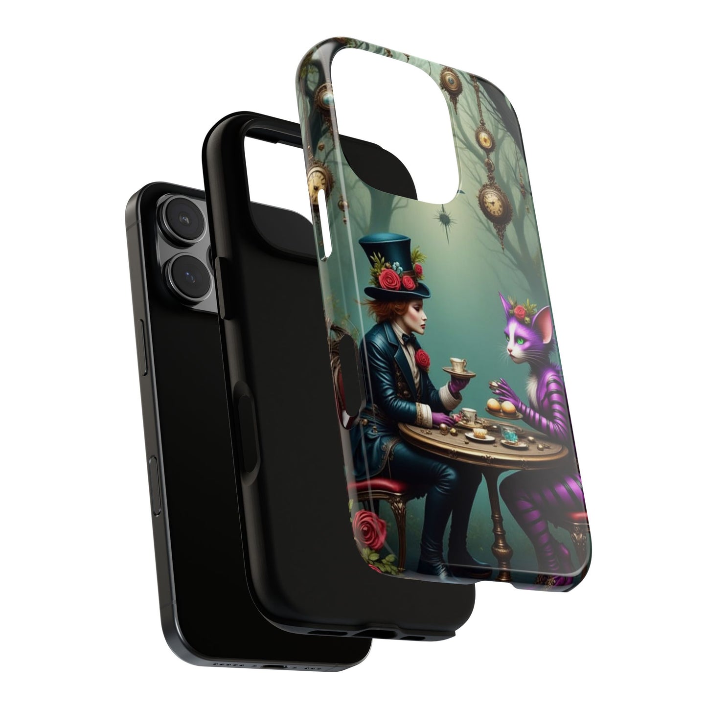 Whimsical Phone Case with Cat and Mad Hatter Design, Perfect for Gifting, Fantasy Lovers, Tea Party Theme, Tough Cases