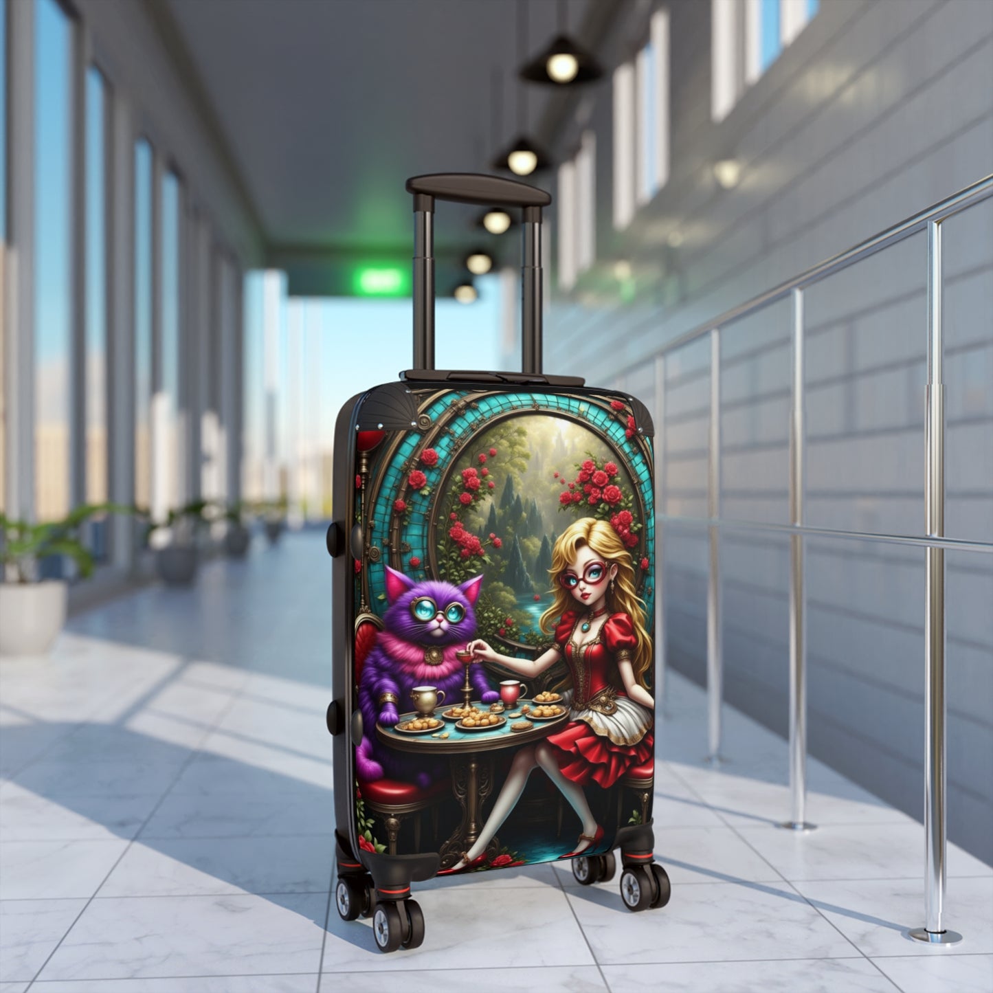 Alice in Wonderland Design, Whimsical Cat-Themed Suitcase, Carry-On Luggage, Travel Bag, Fun Vacation Accessory, Unique Gift Idea
