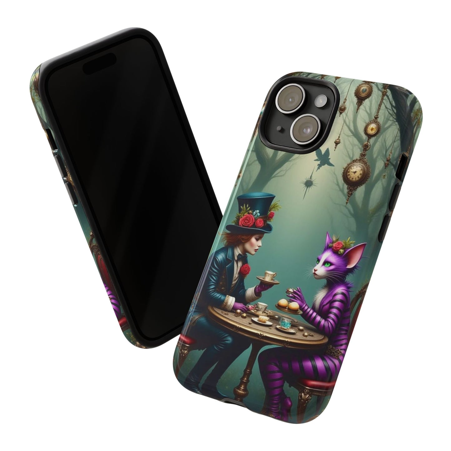 Whimsical Phone Case with Cat and Mad Hatter Design, Perfect for Gifting, Fantasy Lovers, Tea Party Theme, Tough Cases