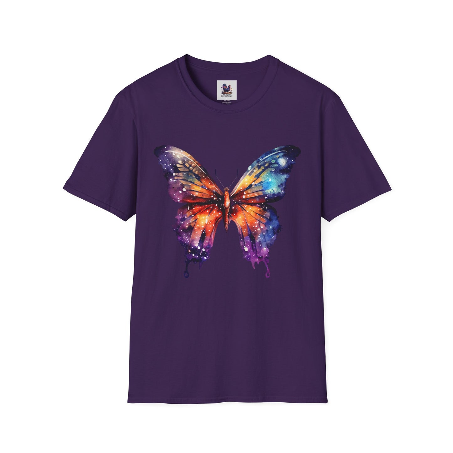 Colorful Space Butterfly Art Unisex Softstyle T-Shirt, Colorful Tee, Nature-Inspired Apparel, Cute Graphic Shirt