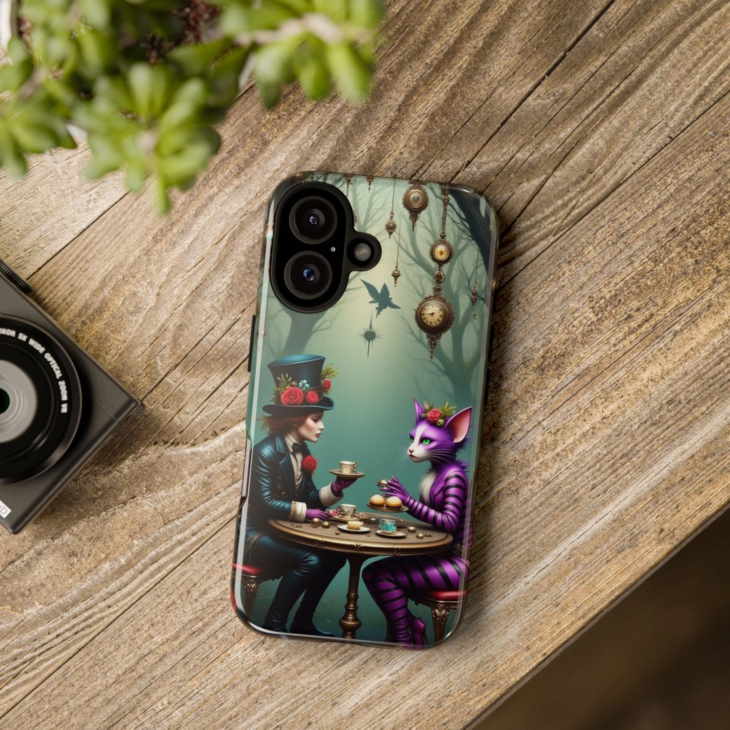 Whimsical Phone Case with Cat and Mad Hatter Design, Perfect for Gifting, Fantasy Lovers, Tea Party Theme, Tough Cases