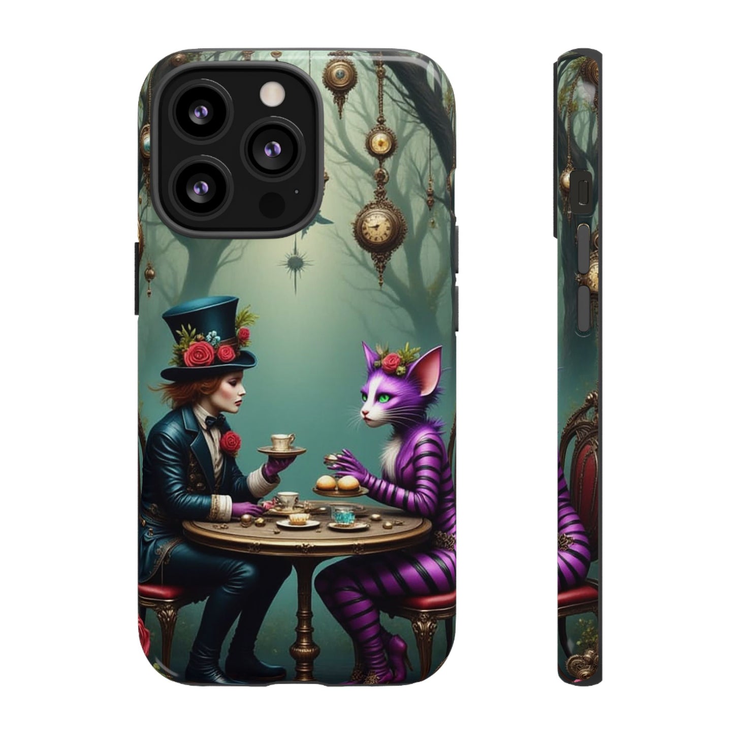 Whimsical Phone Case with Cat and Mad Hatter Design, Perfect for Gifting, Fantasy Lovers, Tea Party Theme, Tough Cases