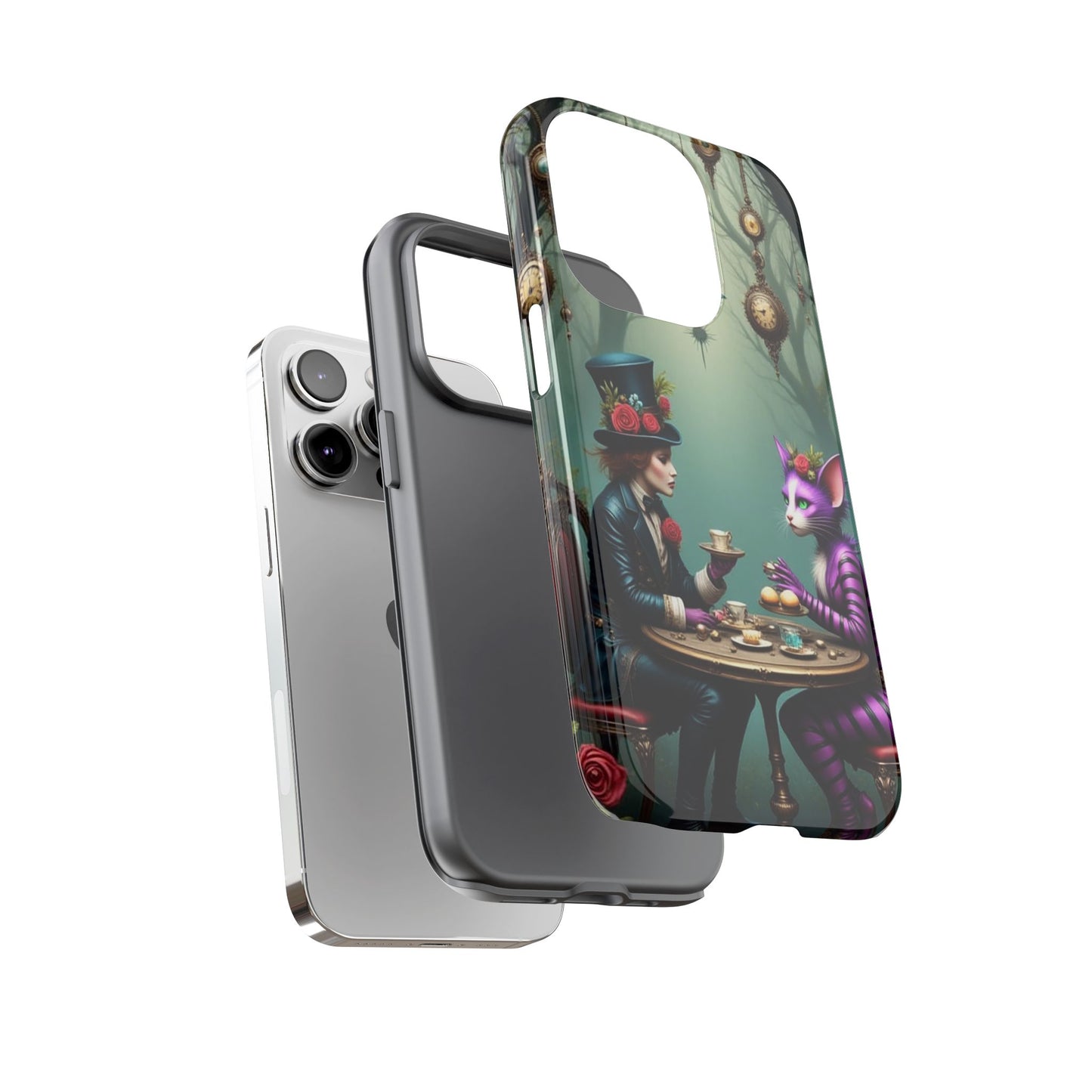 Whimsical Phone Case with Cat and Mad Hatter Design, Perfect for Gifting, Fantasy Lovers, Tea Party Theme, Tough Cases