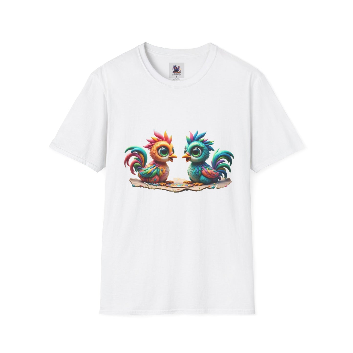 Colorful Kooky Chickens Willow & Sage Art Unisex Softstyle T-Shirt, Colorful Tee, Nature-Inspired Apparel, Cute Graphic Shirt