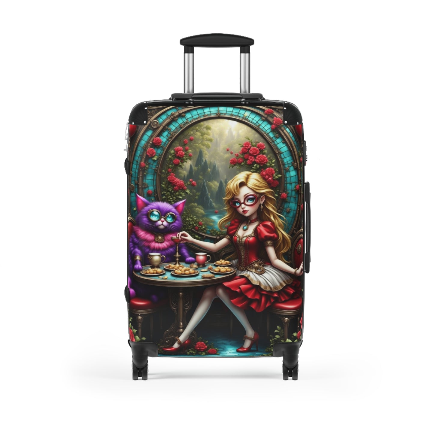 Alice in Wonderland Design, Whimsical Cat-Themed Suitcase, Carry-On Luggage, Travel Bag, Fun Vacation Accessory, Unique Gift Idea