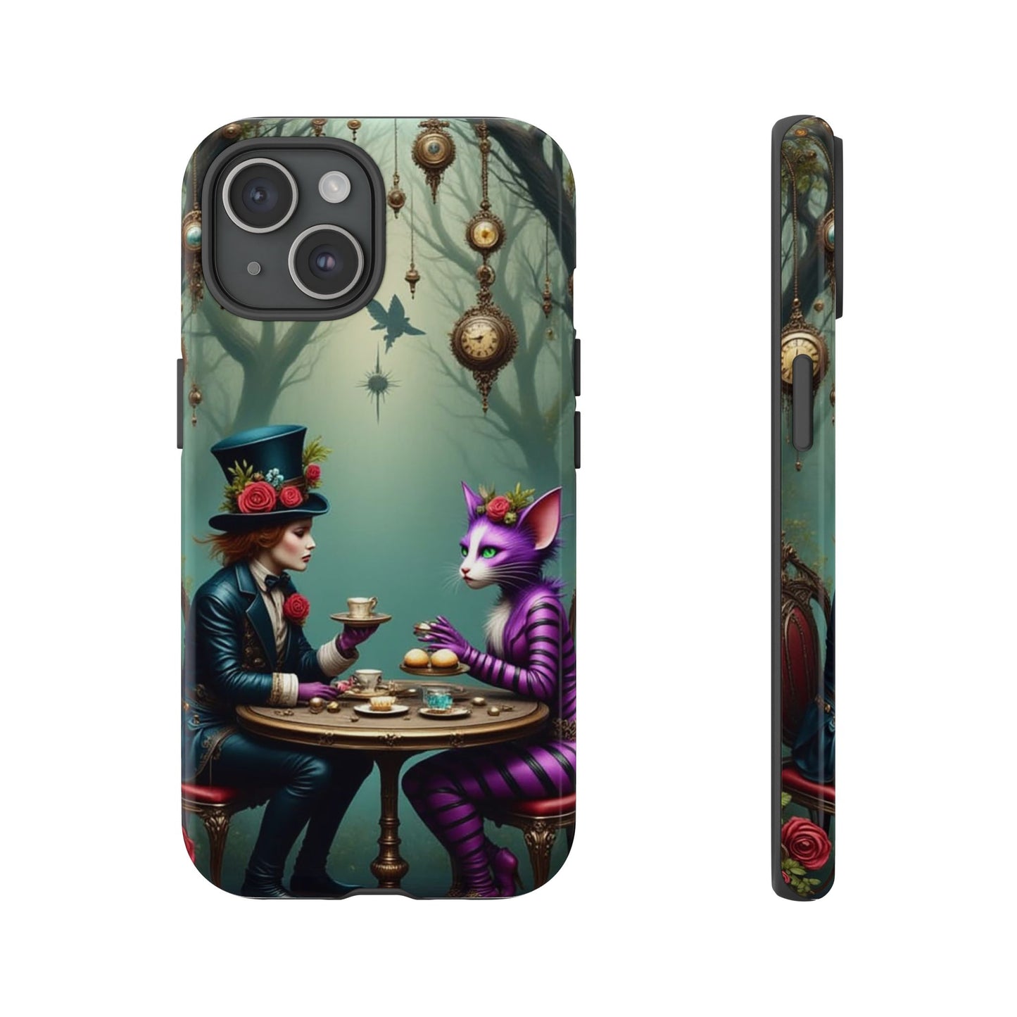 Whimsical Phone Case with Cat and Mad Hatter Design, Perfect for Gifting, Fantasy Lovers, Tea Party Theme, Tough Cases