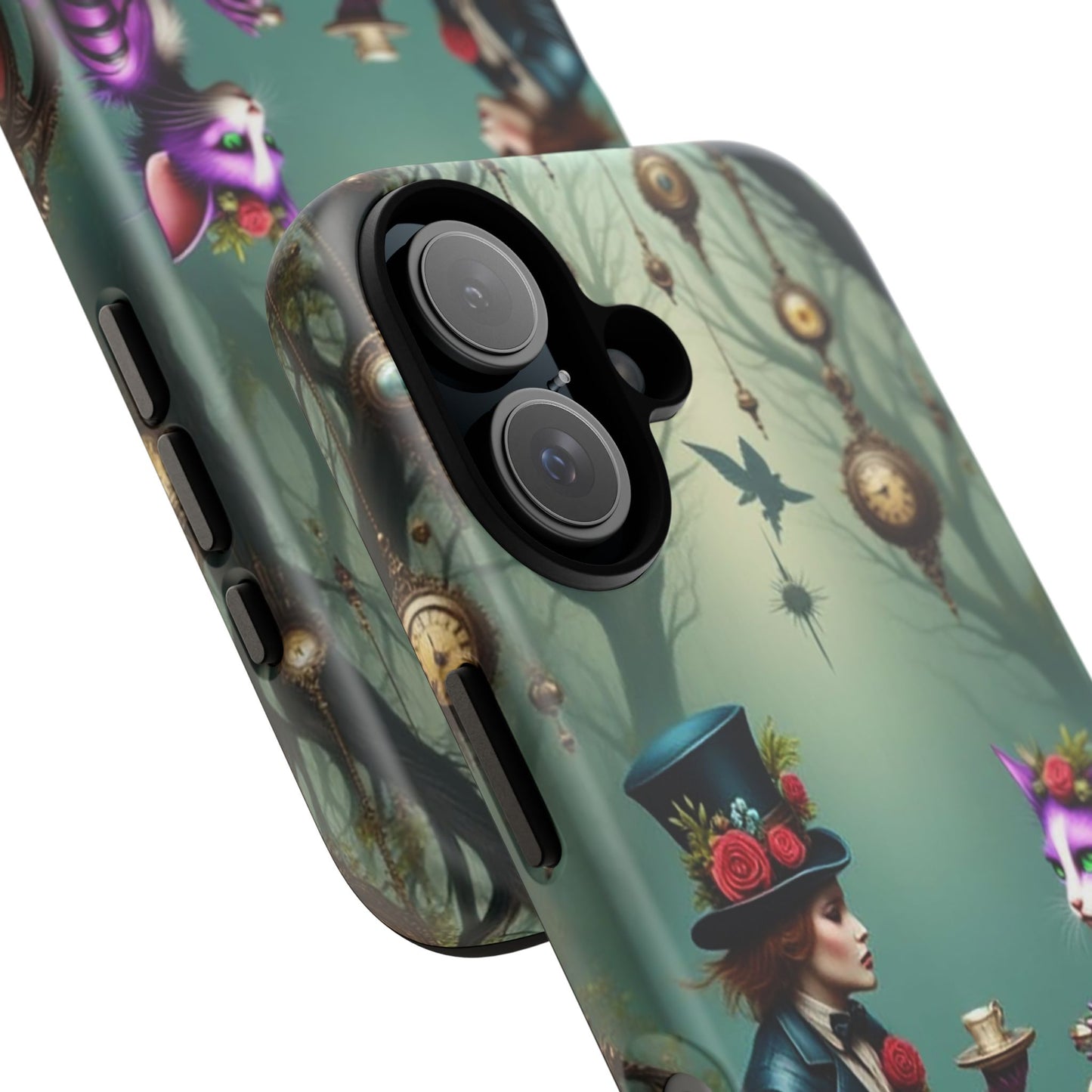 Whimsical Phone Case with Cat and Mad Hatter Design, Perfect for Gifting, Fantasy Lovers, Tea Party Theme, Tough Cases