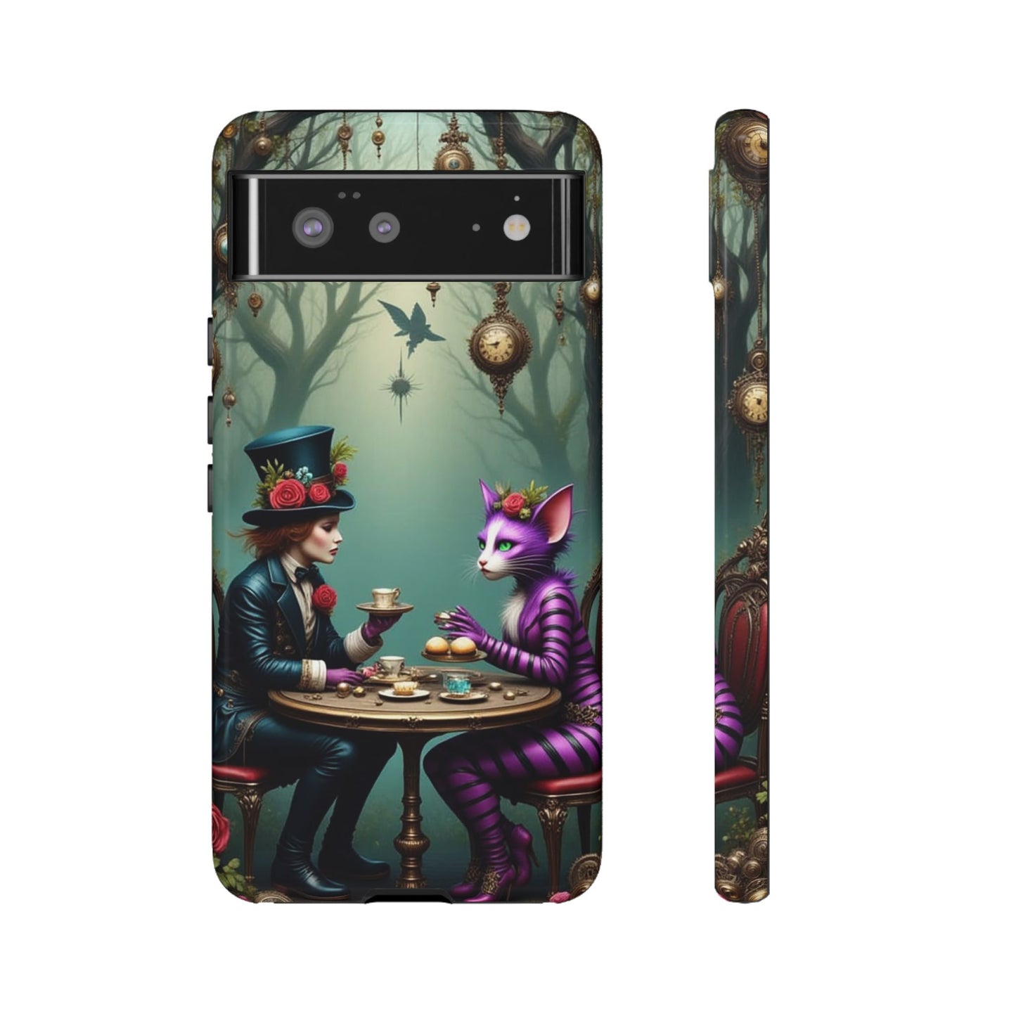 Whimsical Phone Case with Cat and Mad Hatter Design, Perfect for Gifting, Fantasy Lovers, Tea Party Theme, Tough Cases