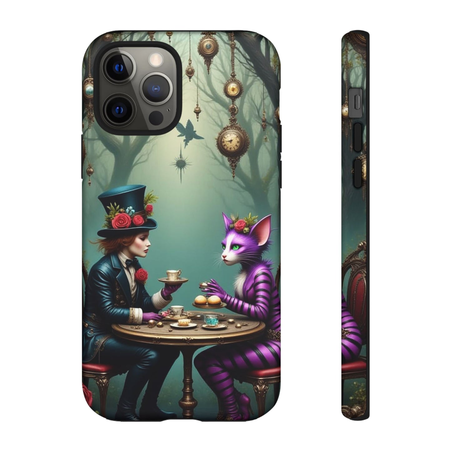 Whimsical Phone Case with Cat and Mad Hatter Design, Perfect for Gifting, Fantasy Lovers, Tea Party Theme, Tough Cases