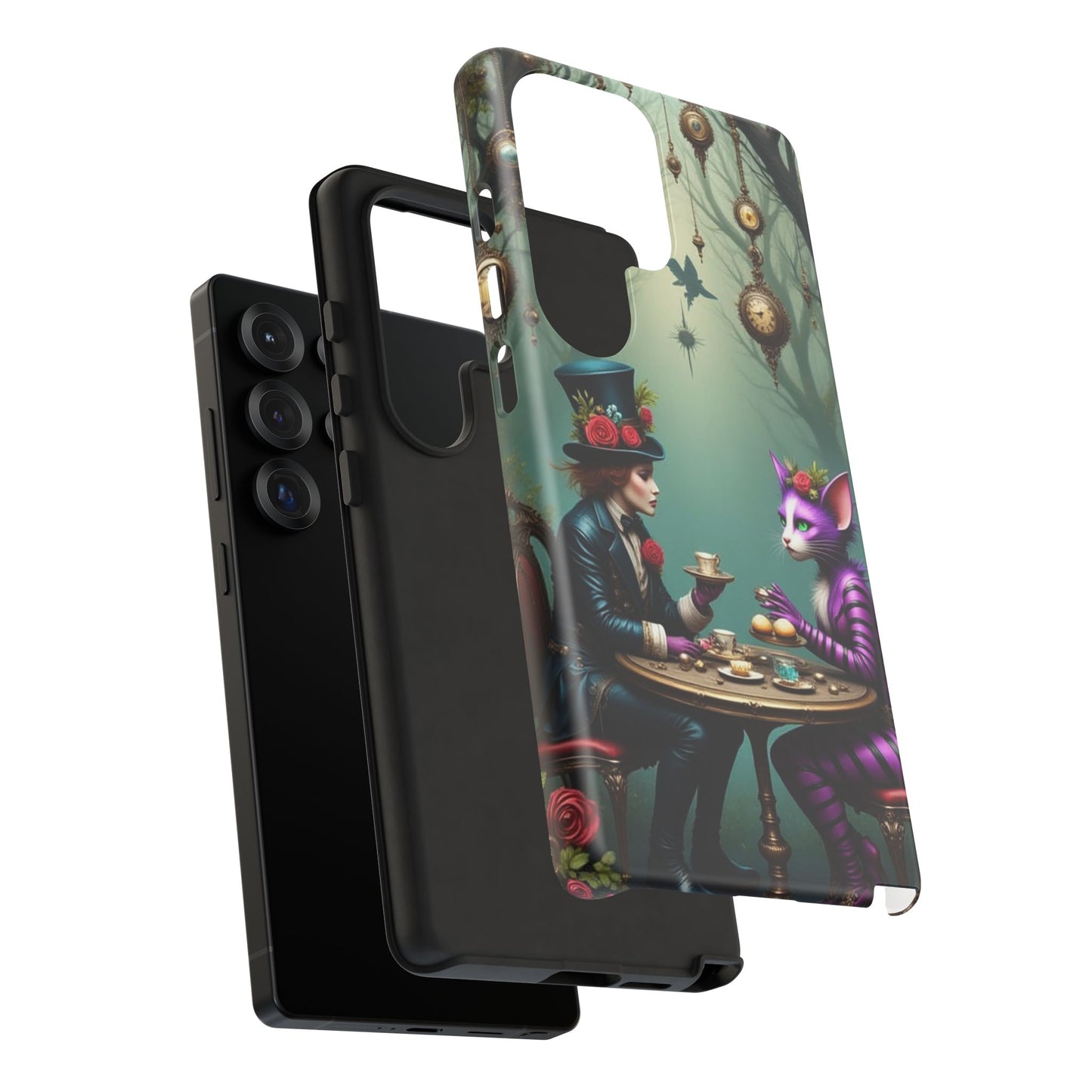 Whimsical Phone Case with Cat and Mad Hatter Design, Perfect for Gifting, Fantasy Lovers, Tea Party Theme, Tough Cases