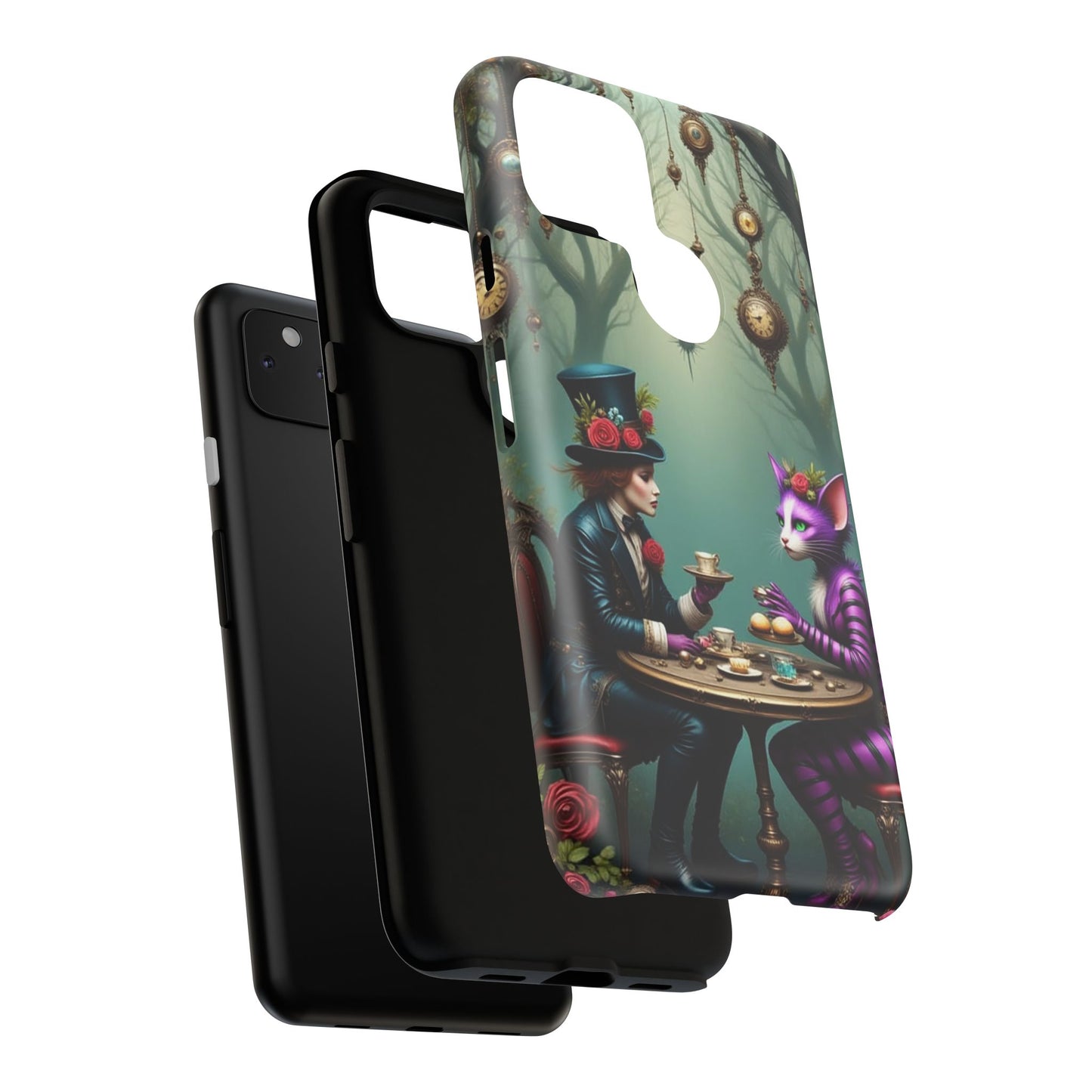Whimsical Phone Case with Cat and Mad Hatter Design, Perfect for Gifting, Fantasy Lovers, Tea Party Theme, Tough Cases
