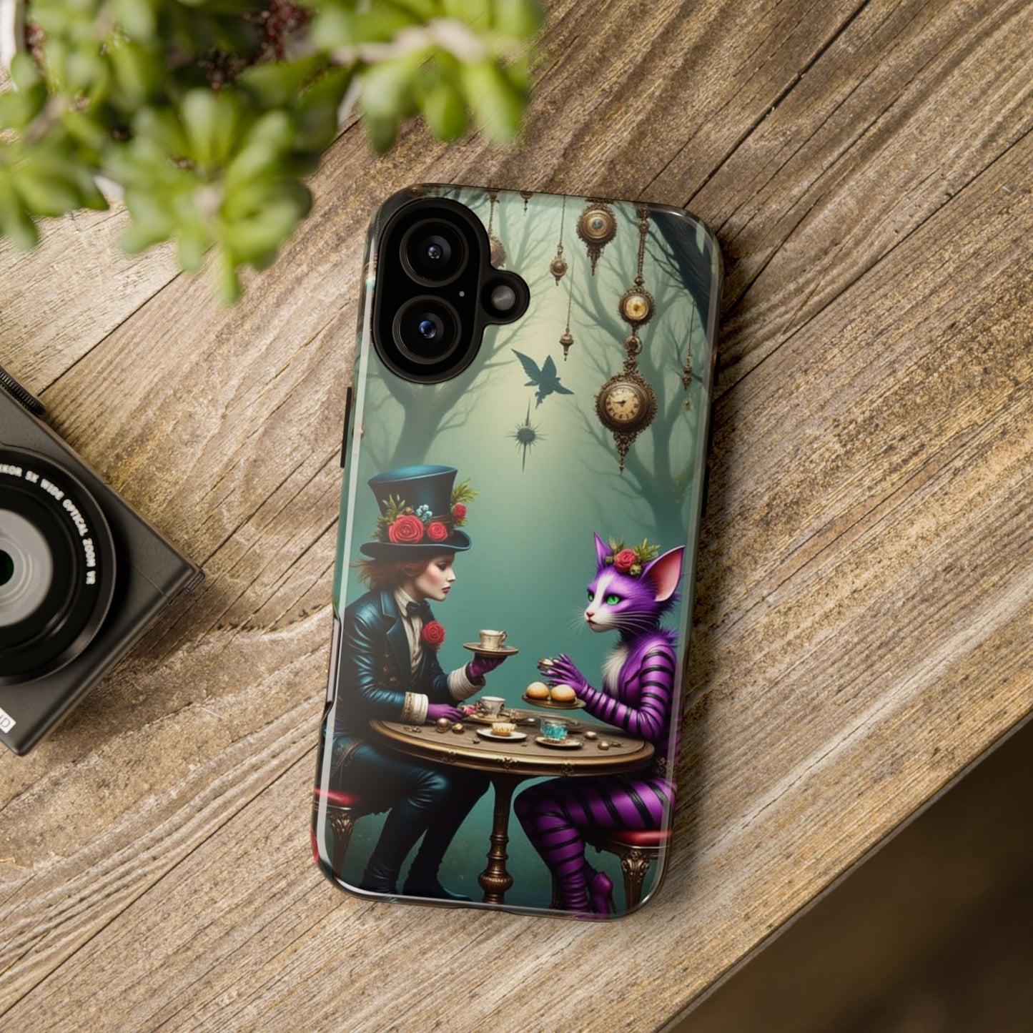 Whimsical Phone Case with Cat and Mad Hatter Design, Perfect for Gifting, Fantasy Lovers, Tea Party Theme, Tough Cases