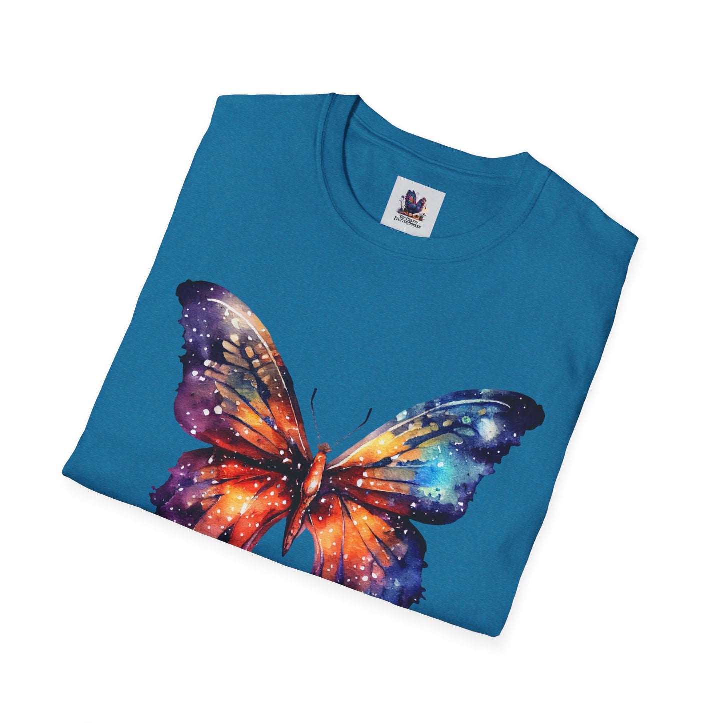 Colorful Space Butterfly Art Unisex Softstyle T-Shirt, Colorful Tee, Nature-Inspired Apparel, Cute Graphic Shirt