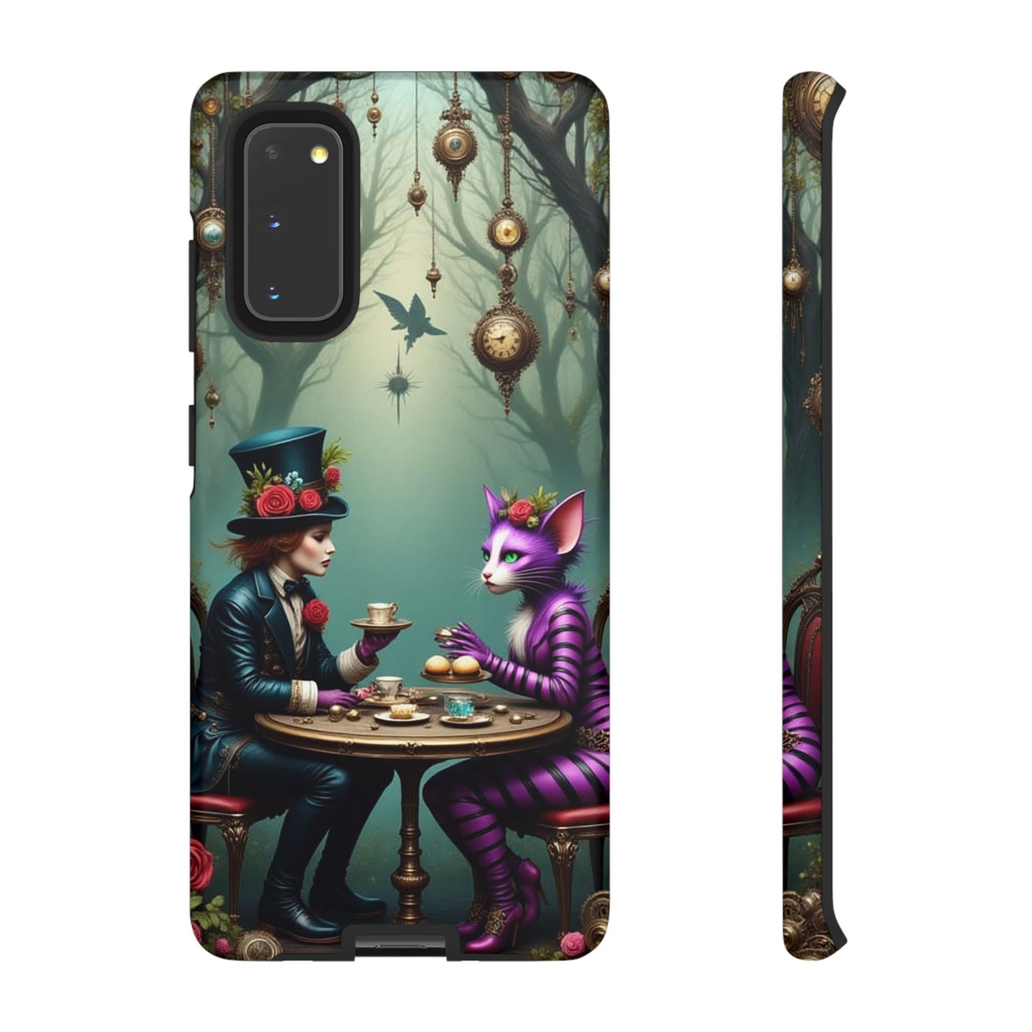 Whimsical Phone Case with Cat and Mad Hatter Design, Perfect for Gifting, Fantasy Lovers, Tea Party Theme, Tough Cases