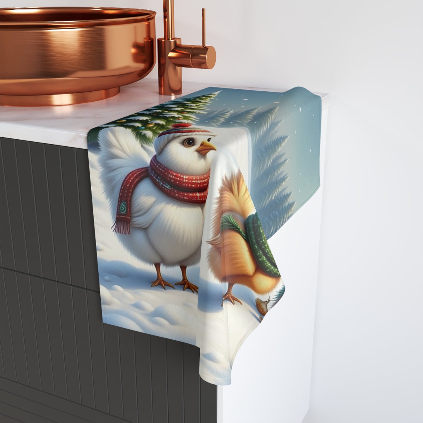Winter Chickens Hand Towel, Cozy Kitchen Decor, Holiday Gift, Farmhouse Style, Cute Snowy Towels