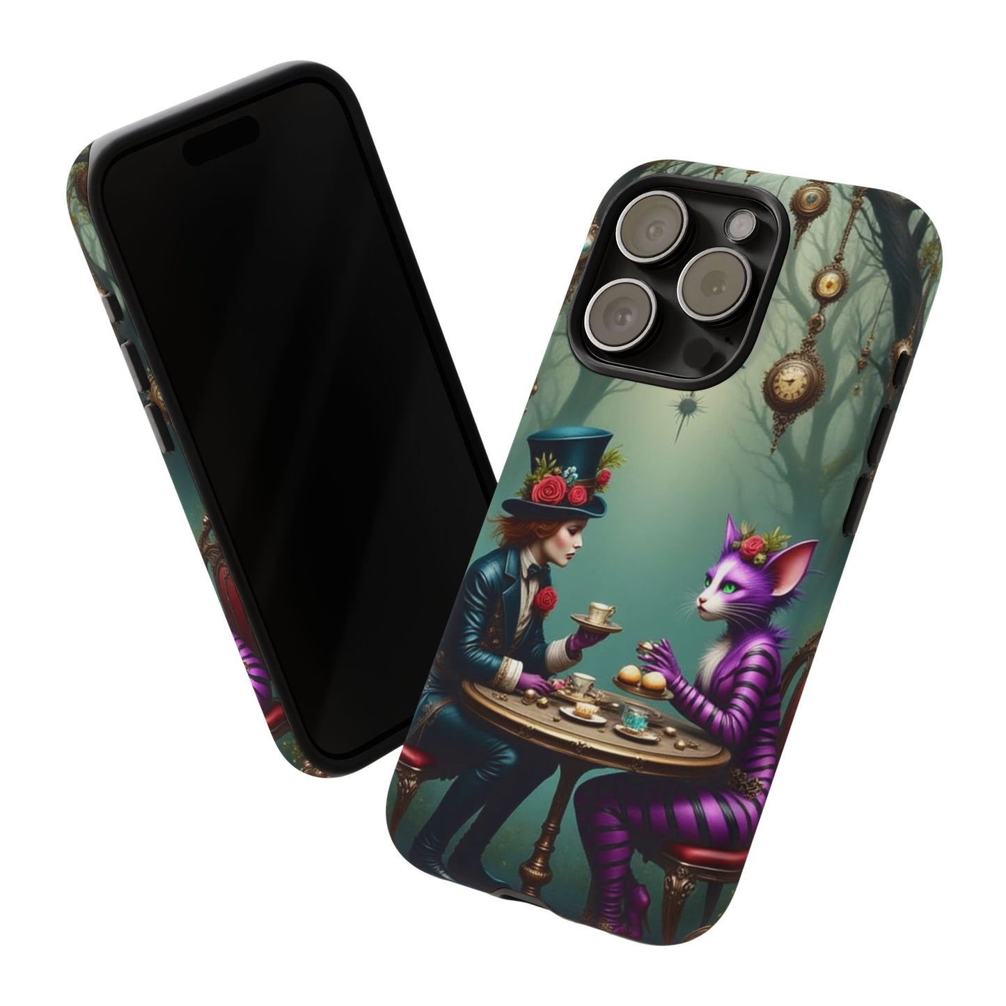 Whimsical Phone Case with Cat and Mad Hatter Design, Perfect for Gifting, Fantasy Lovers, Tea Party Theme, Tough Cases