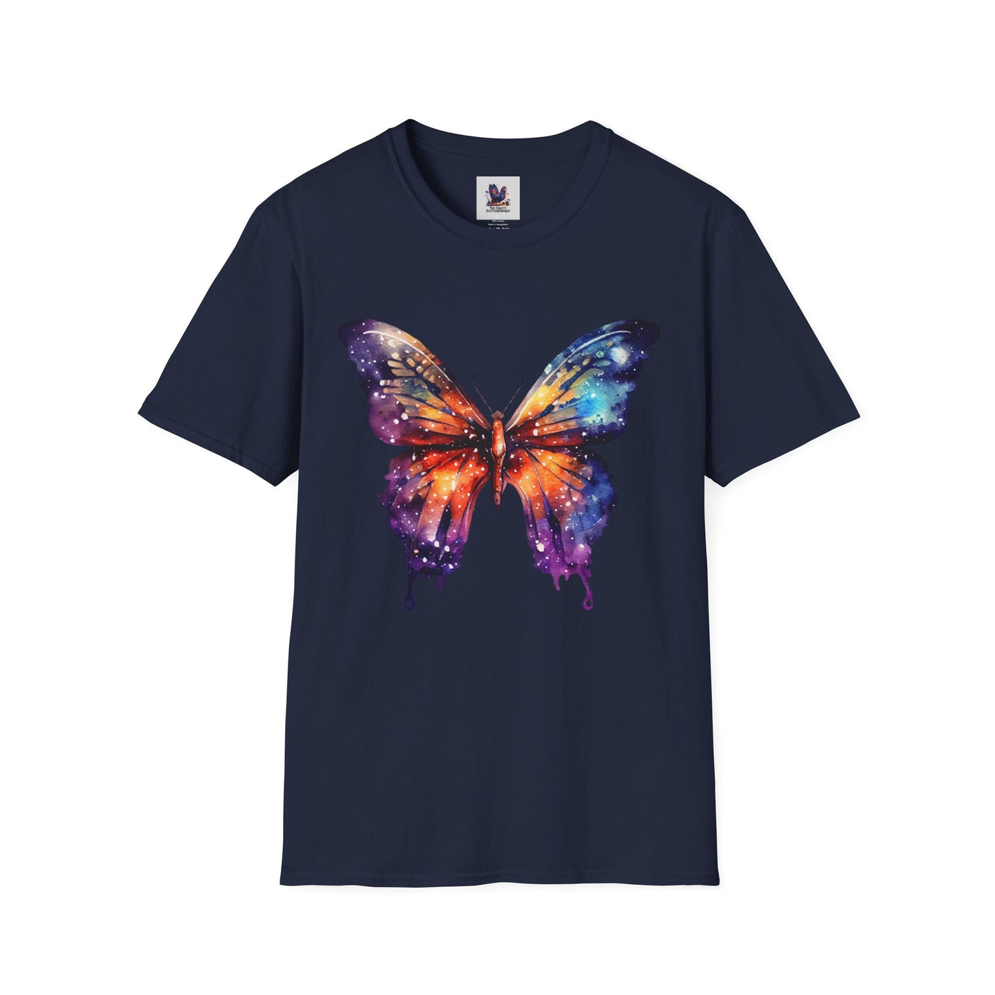 Colorful Space Butterfly Art Unisex Softstyle T-Shirt, Colorful Tee, Nature-Inspired Apparel, Cute Graphic Shirt