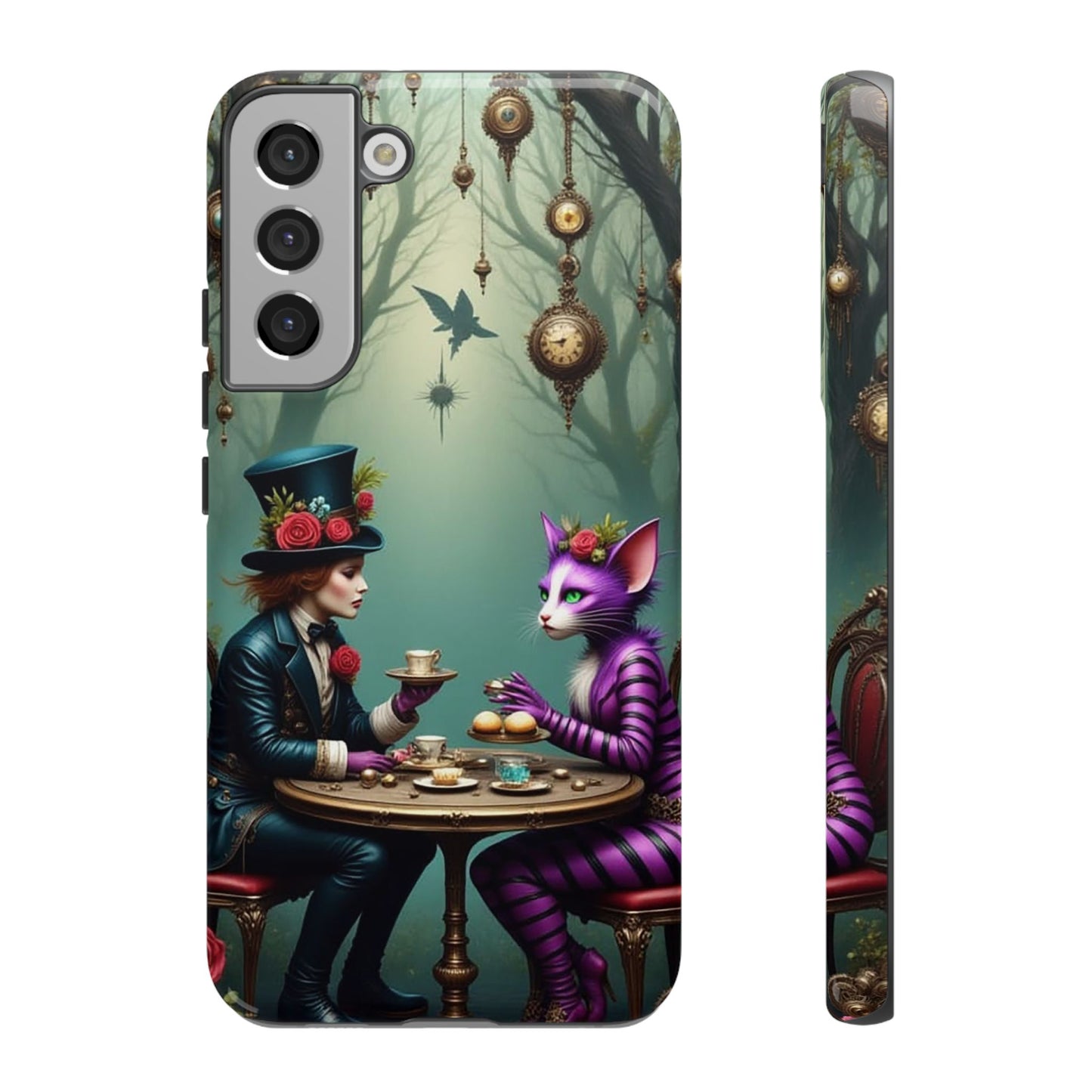 Whimsical Phone Case with Cat and Mad Hatter Design, Perfect for Gifting, Fantasy Lovers, Tea Party Theme, Tough Cases