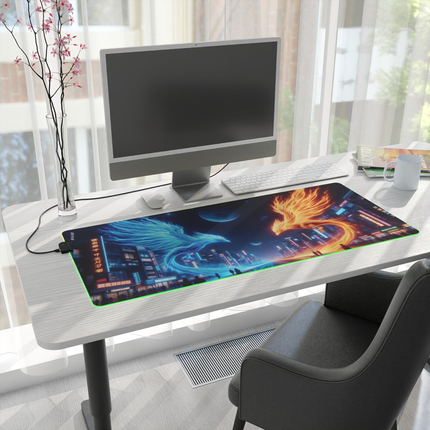 LED Gaming Mouse Pad with Neon Phoenix Design, PC Accessories for Gamers, RGB Customizable Desk Mat, Gift for Gamers, Gaming Setup Decor