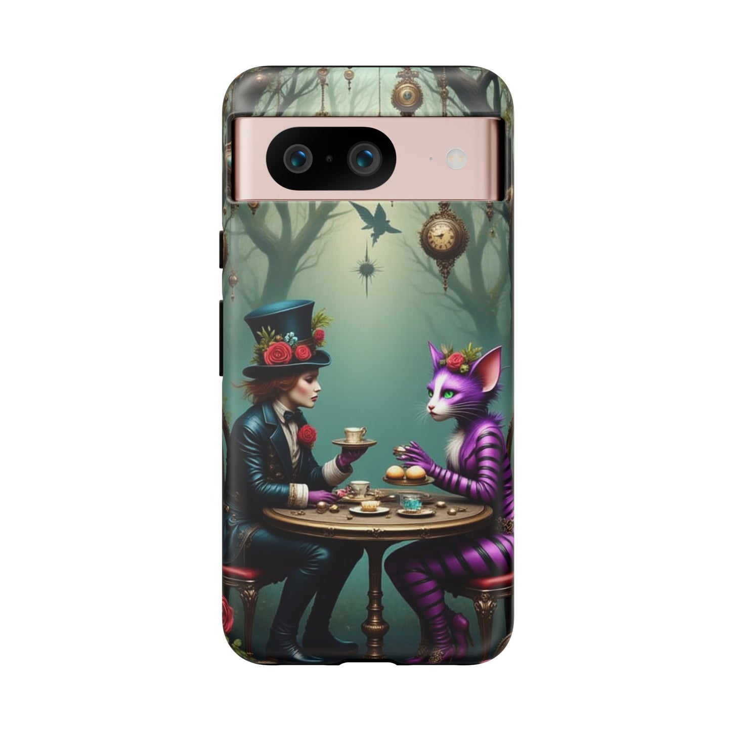 Whimsical Phone Case with Cat and Mad Hatter Design, Perfect for Gifting, Fantasy Lovers, Tea Party Theme, Tough Cases