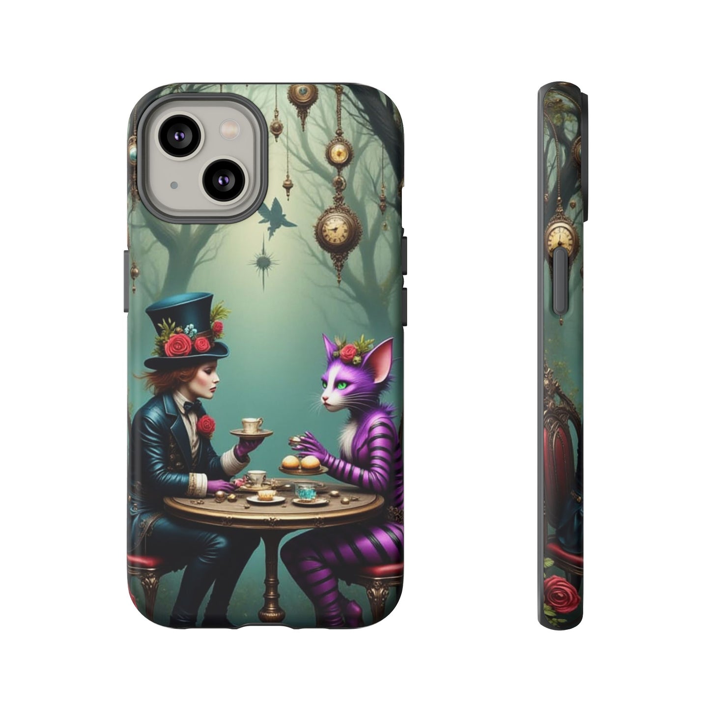 Whimsical Phone Case with Cat and Mad Hatter Design, Perfect for Gifting, Fantasy Lovers, Tea Party Theme, Tough Cases