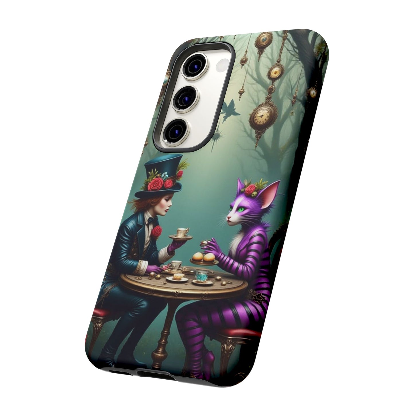 Whimsical Phone Case with Cat and Mad Hatter Design, Perfect for Gifting, Fantasy Lovers, Tea Party Theme, Tough Cases
