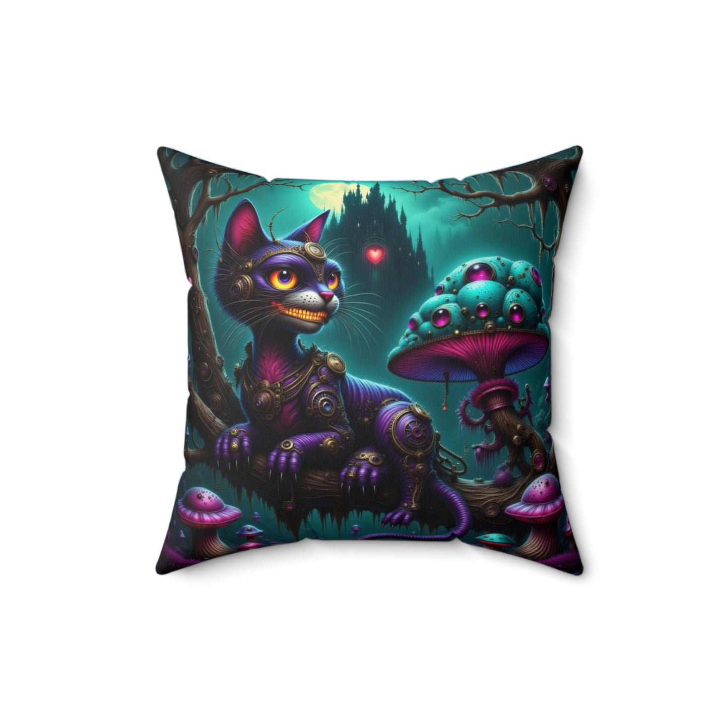 Whimsical Cheshire Cat Art Pillow, Cozy Home Decor, Gift for Cat Lovers, Fantasy Cushion, Magical Mushroom Accent Pillow