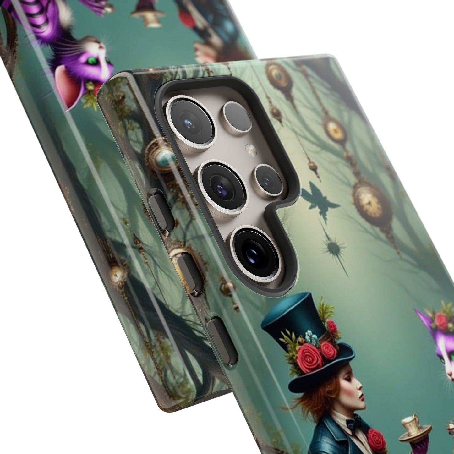 Whimsical Phone Case with Cat and Mad Hatter Design, Perfect for Gifting, Fantasy Lovers, Tea Party Theme, Tough Cases