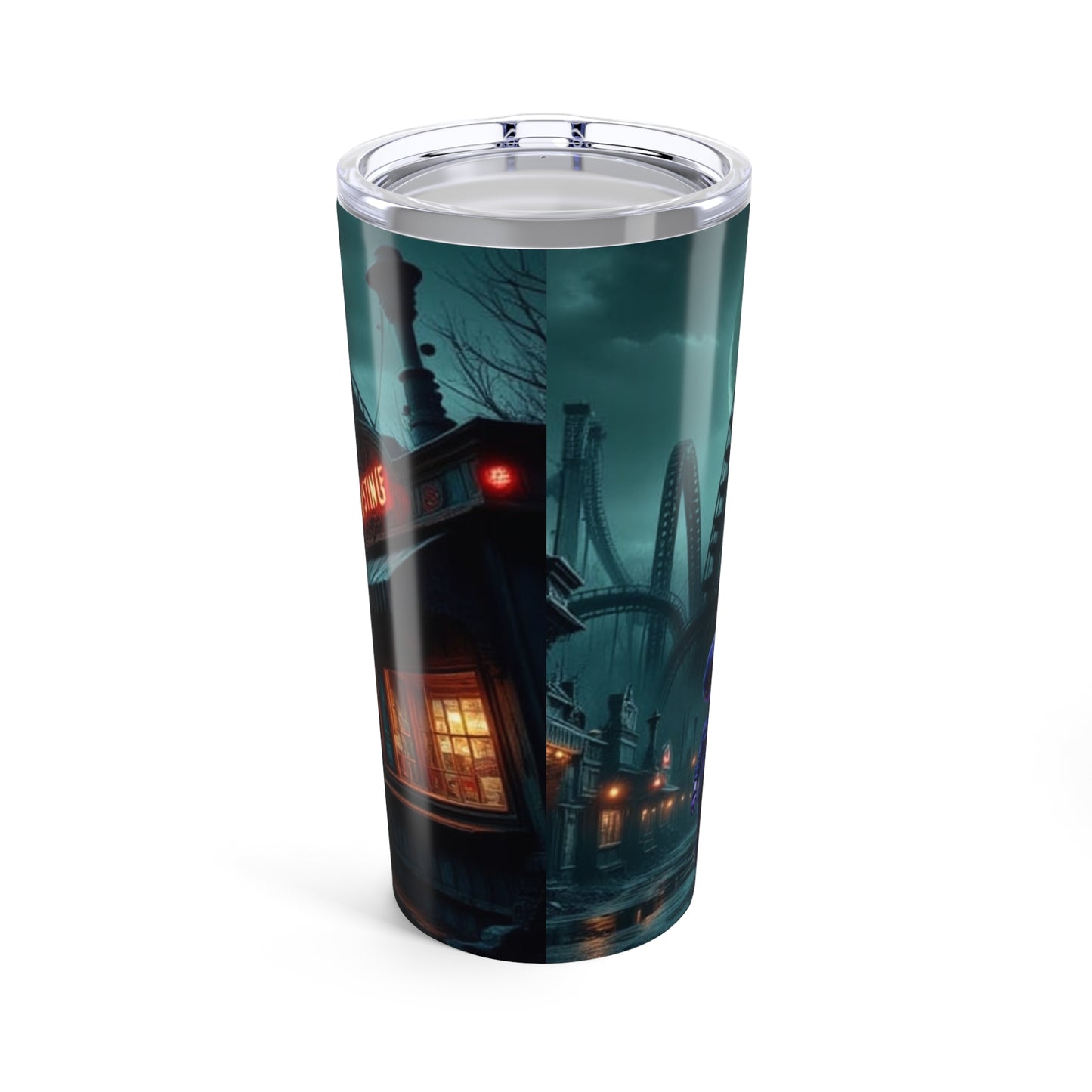 Tiny Terrors B&B, Gothic Moonlight Tumbler, Gothic Amusement Park, 20oz Travel Mug, Unique Coffee Cup, Bleak Park Scene, Halloween Drinkware, Dark Aesthetic Gift