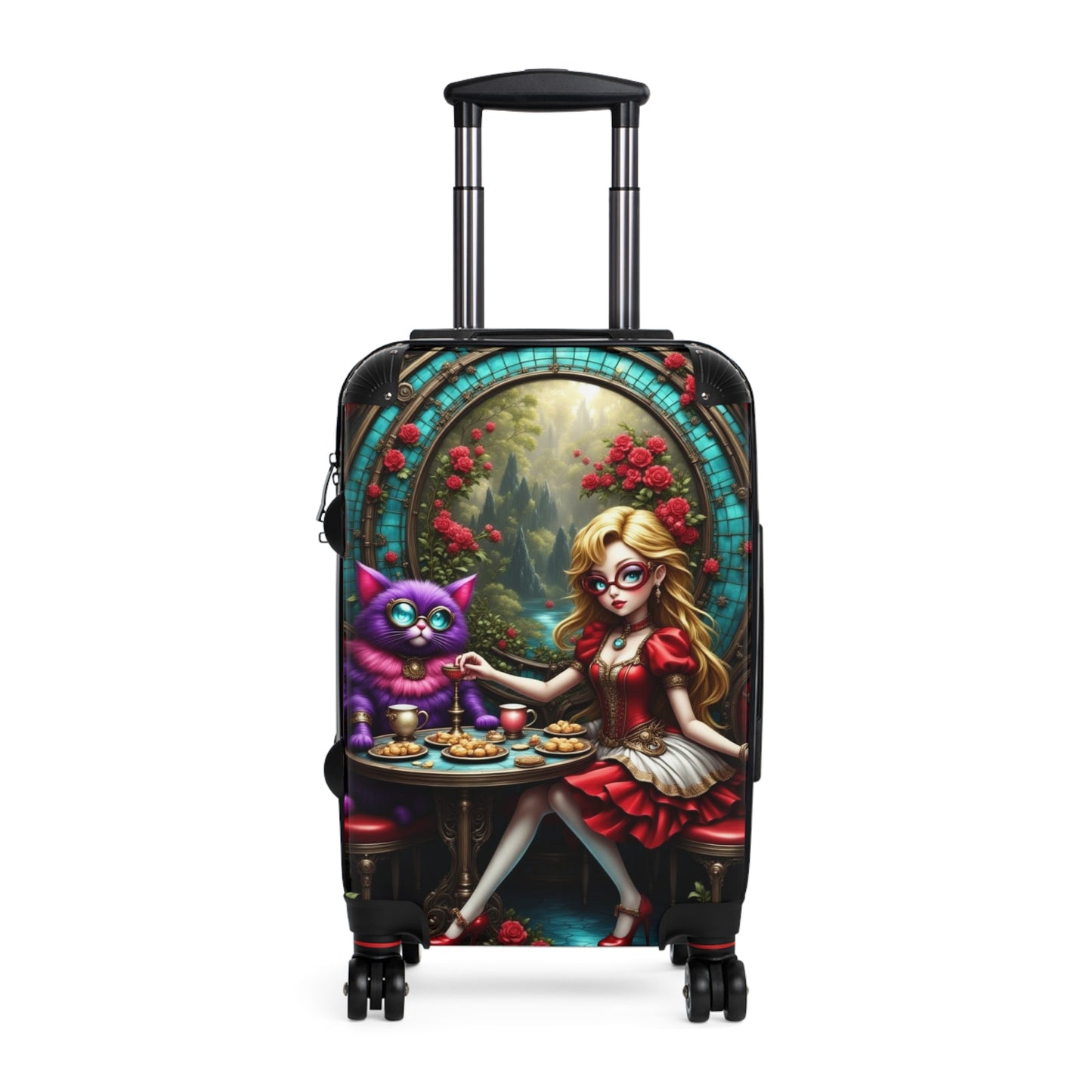 Alice in Wonderland Design, Whimsical Cat-Themed Suitcase, Carry-On Luggage, Travel Bag, Fun Vacation Accessory, Unique Gift Idea