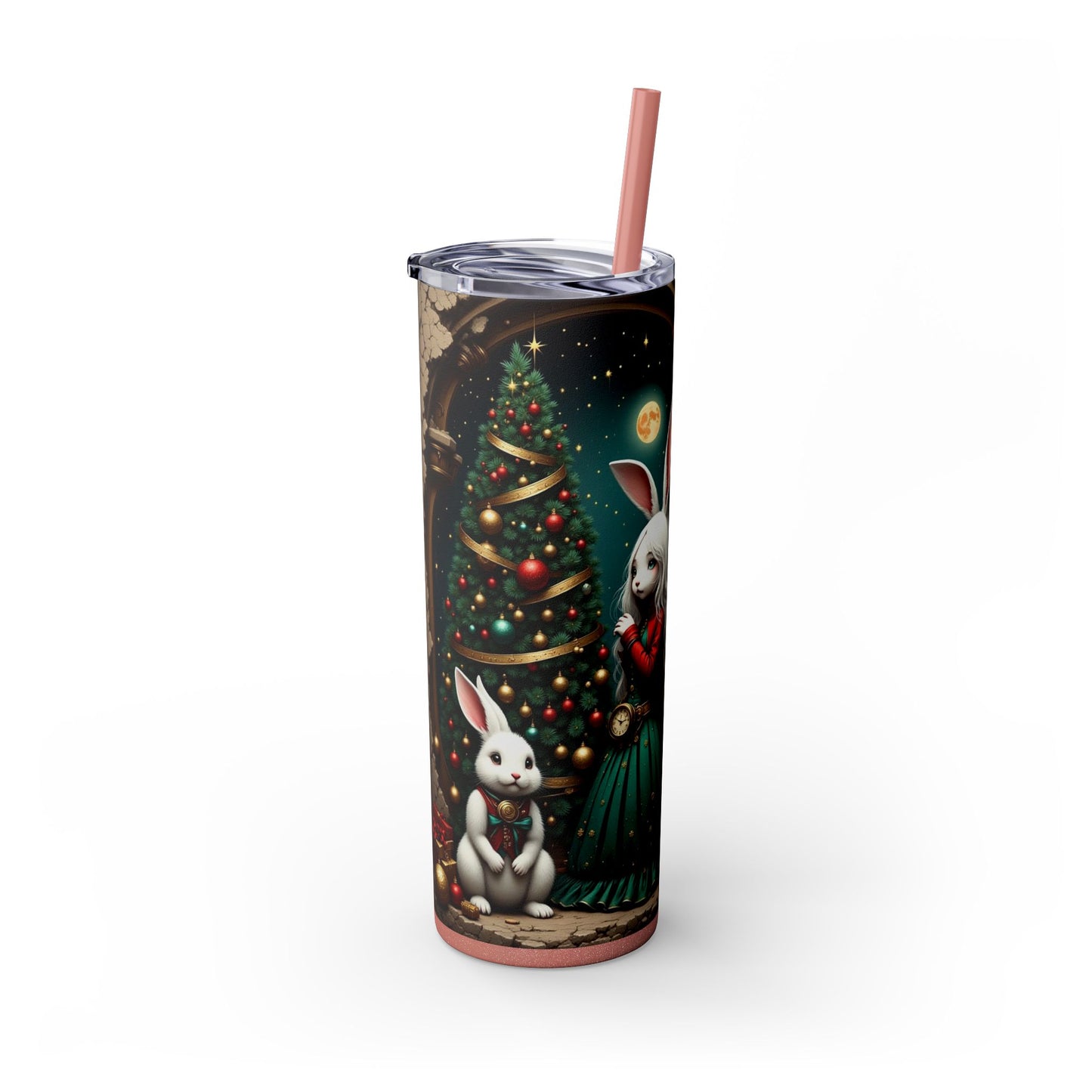 Christmas Rabbit Tumbler, 20oz Skinny Tumbler with Straw, Holiday Drinkware, Cute Bunny Decor, Winter Gift for Dog Lovers, Festive Cup