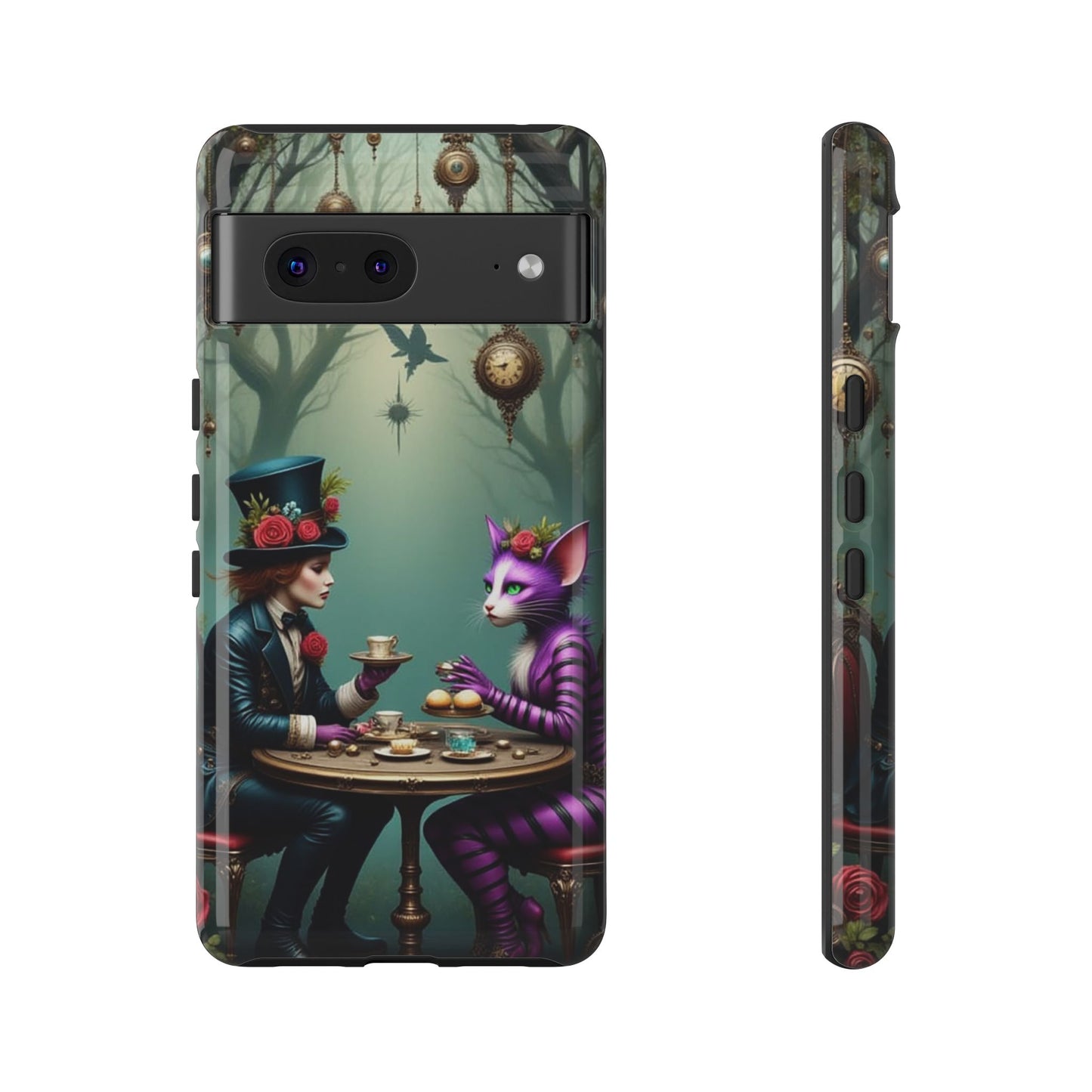 Whimsical Phone Case with Cat and Mad Hatter Design, Perfect for Gifting, Fantasy Lovers, Tea Party Theme, Tough Cases