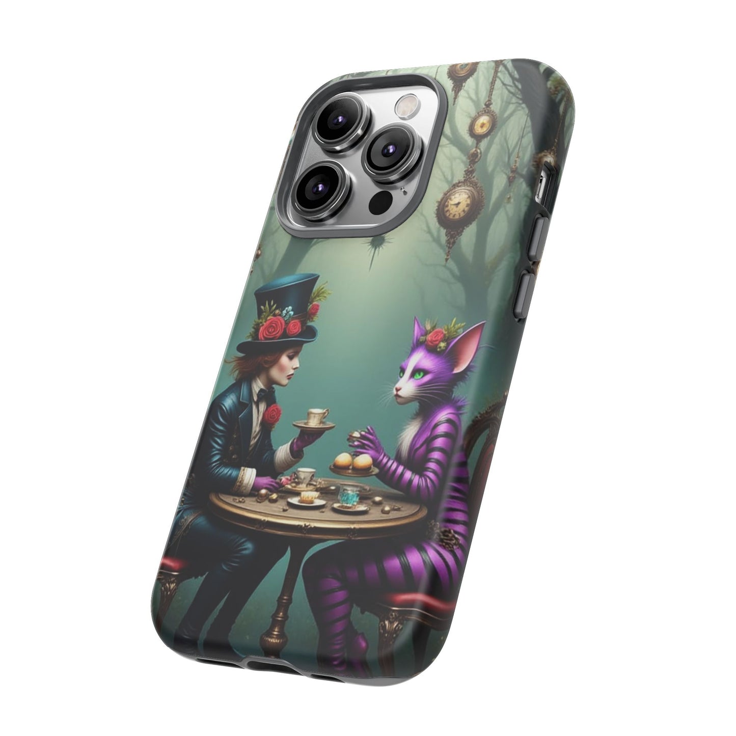 Whimsical Phone Case with Cat and Mad Hatter Design, Perfect for Gifting, Fantasy Lovers, Tea Party Theme, Tough Cases