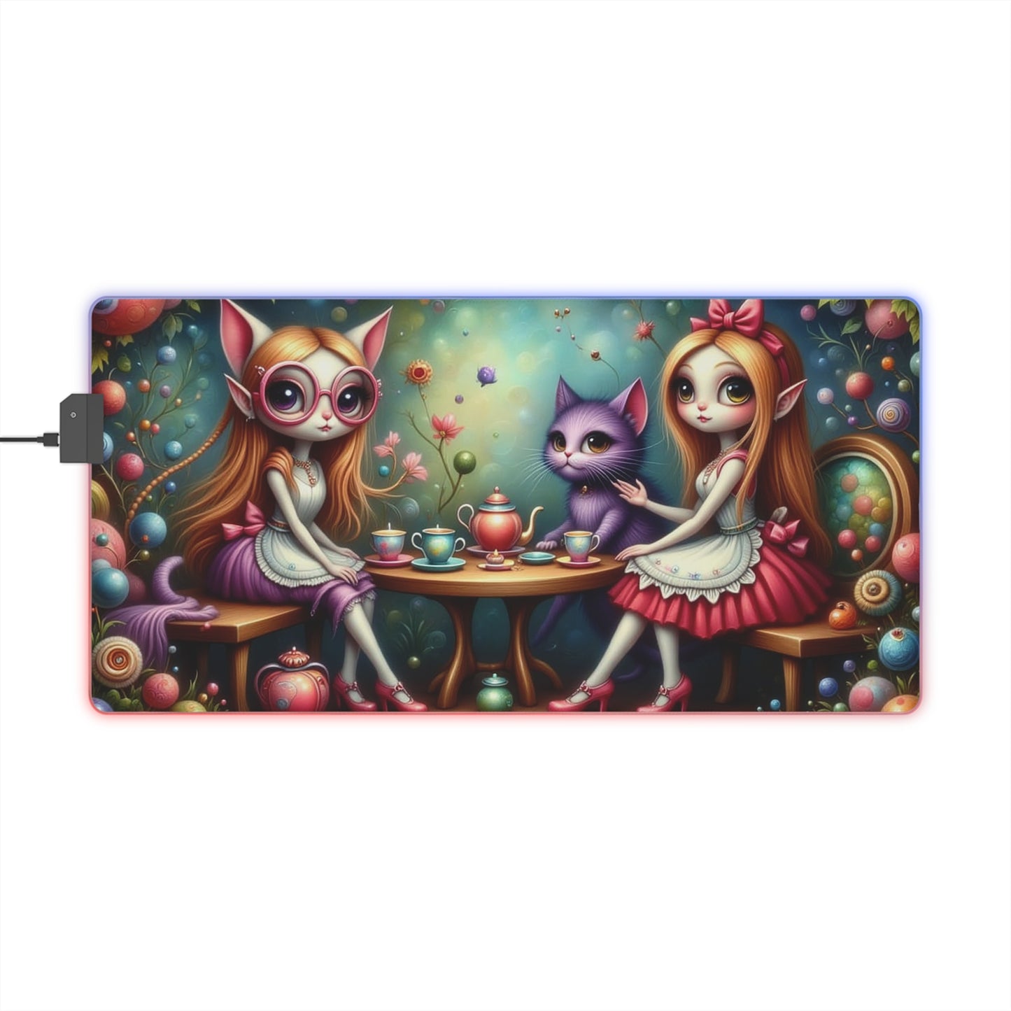 LED Whimsical Gaming Mouse Pad Featuring Playful Fairies and Cat, Alice in Wonderland theme