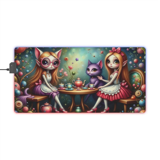 LED Whimsical Gaming Mouse Pad Featuring Playful Fairies and Cat, Alice in Wonderland theme