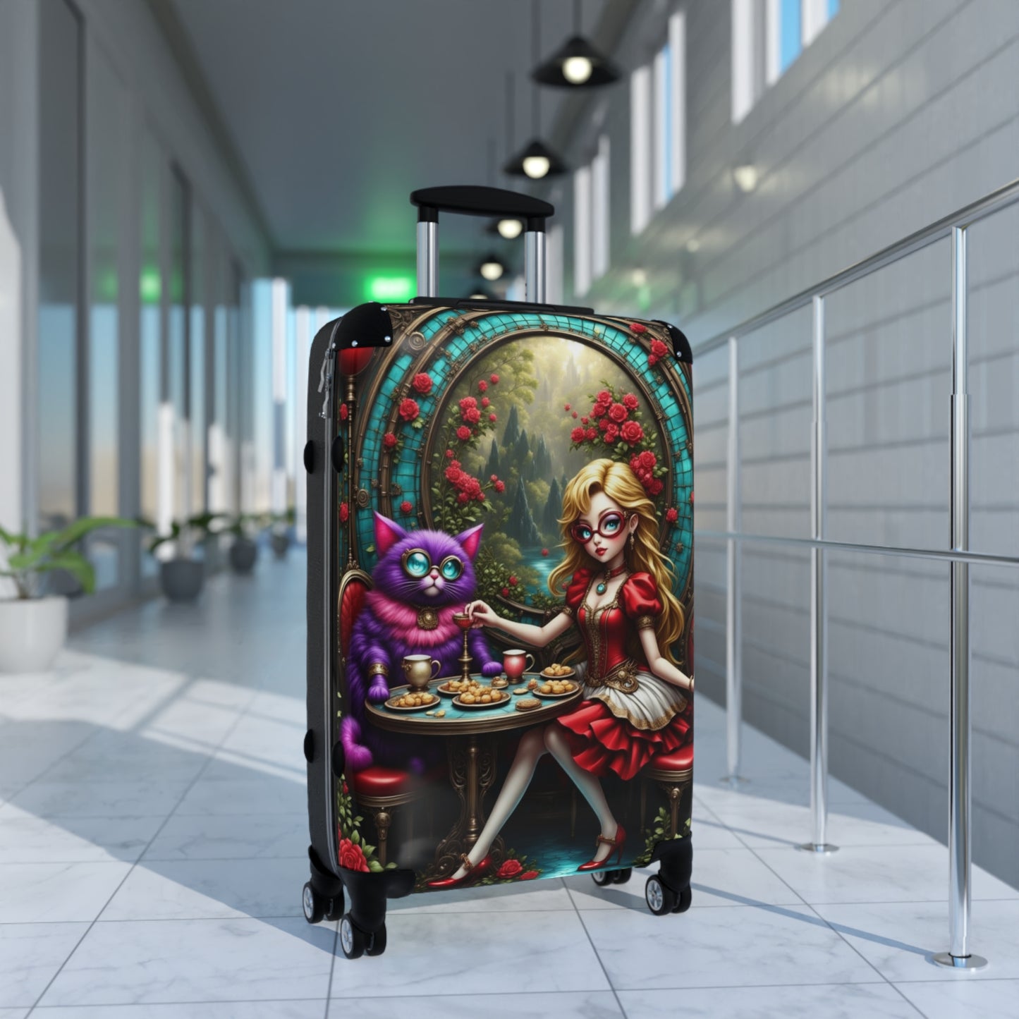 Alice in Wonderland Design, Whimsical Cat-Themed Suitcase, Carry-On Luggage, Travel Bag, Fun Vacation Accessory, Unique Gift Idea