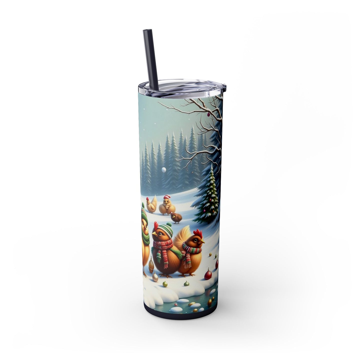 Winter Wonderland Skinny Tumbler with Straw, 20oz - Snowy Birds Design, Unique Holiday Gift, Christmas Chickens rinkware, Festive Travel Mug