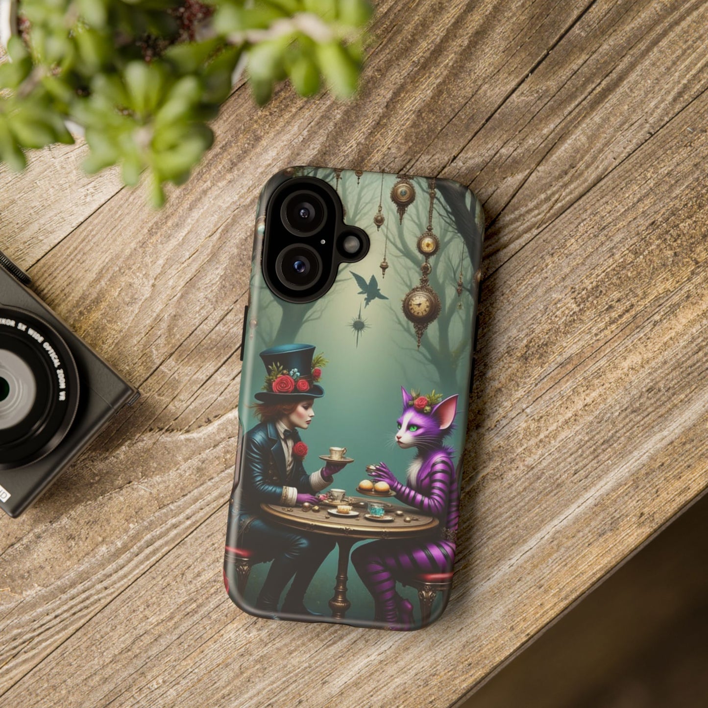 Whimsical Phone Case with Cat and Mad Hatter Design, Perfect for Gifting, Fantasy Lovers, Tea Party Theme, Tough Cases