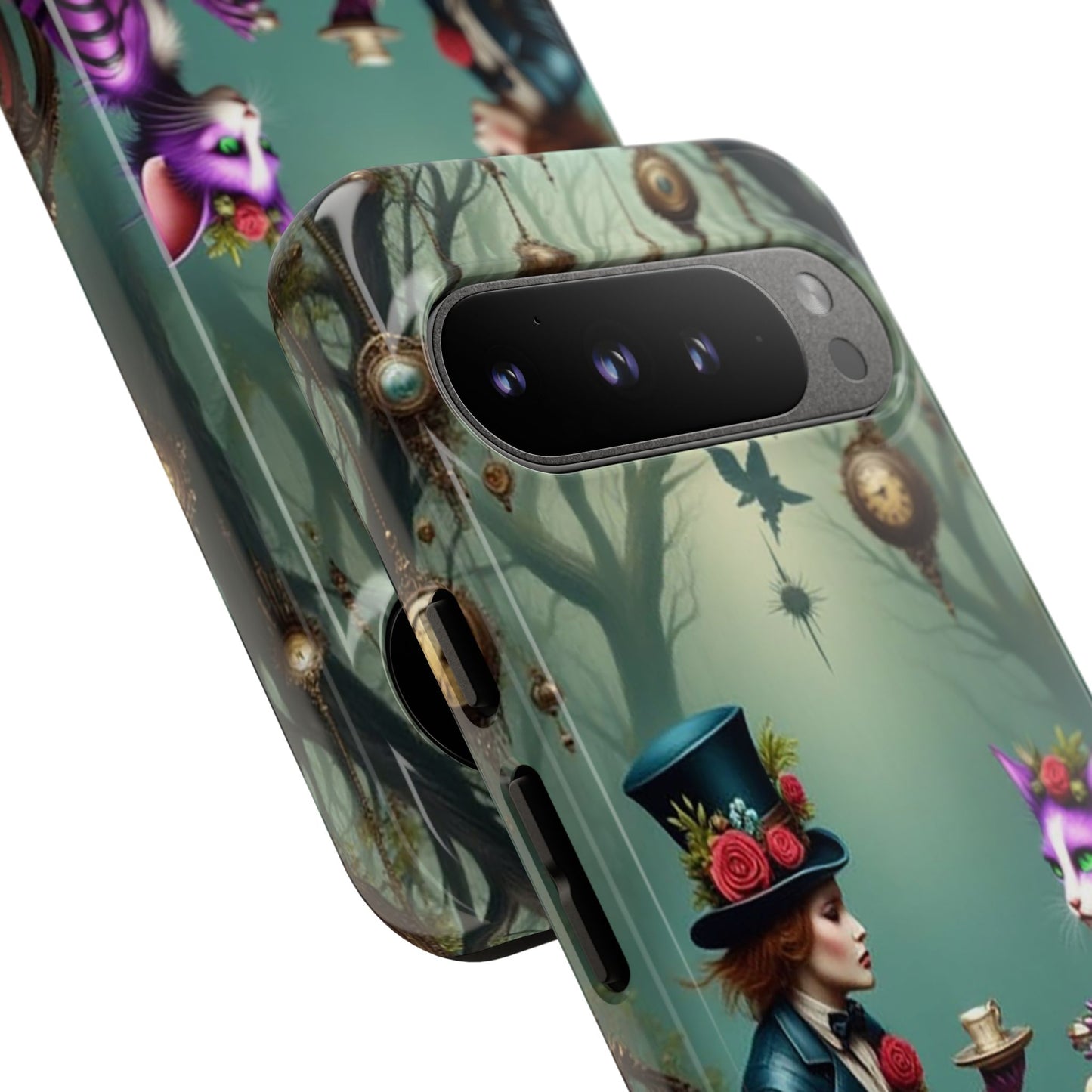Whimsical Phone Case with Cat and Mad Hatter Design, Perfect for Gifting, Fantasy Lovers, Tea Party Theme, Tough Cases