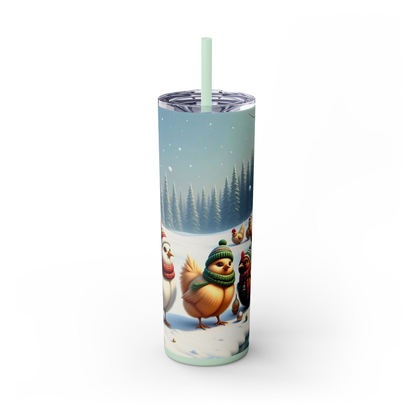 Winter Wonderland Skinny Tumbler with Straw, 20oz - Snowy Birds Design, Unique Holiday Gift, Christmas Chickens rinkware, Festive Travel Mug