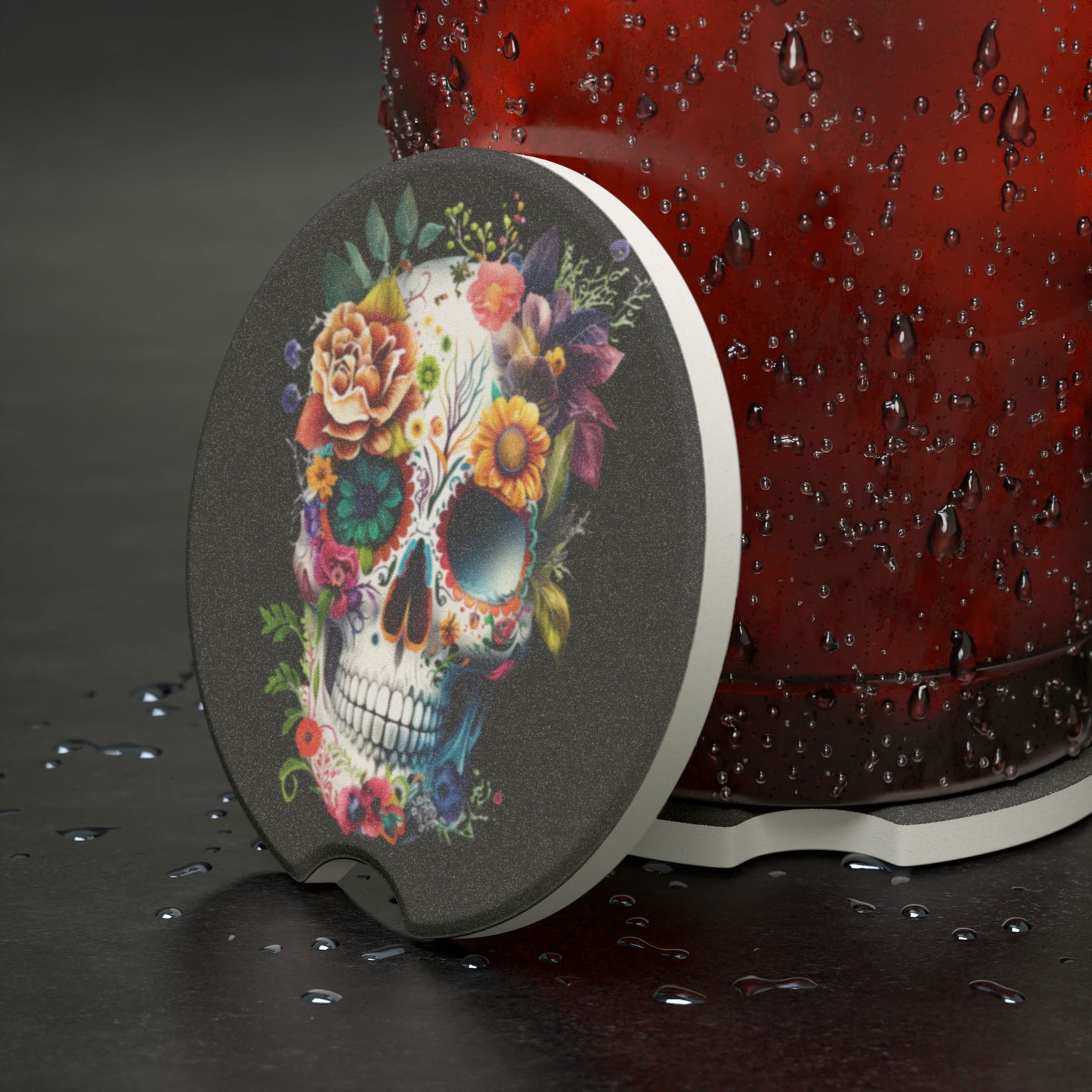 Skull Floral Soapstone Car Coaster, Artistic Auto Accessories, Unique Gifts for Car Lovers, Car Decor, Day of the Dead Decor